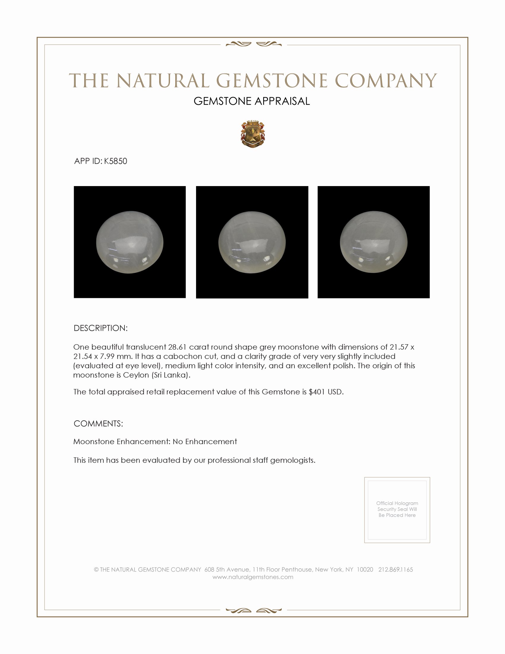 28.61 Ct. Grey Cabochon Moonstone from Ceylon (Sri Lanka)