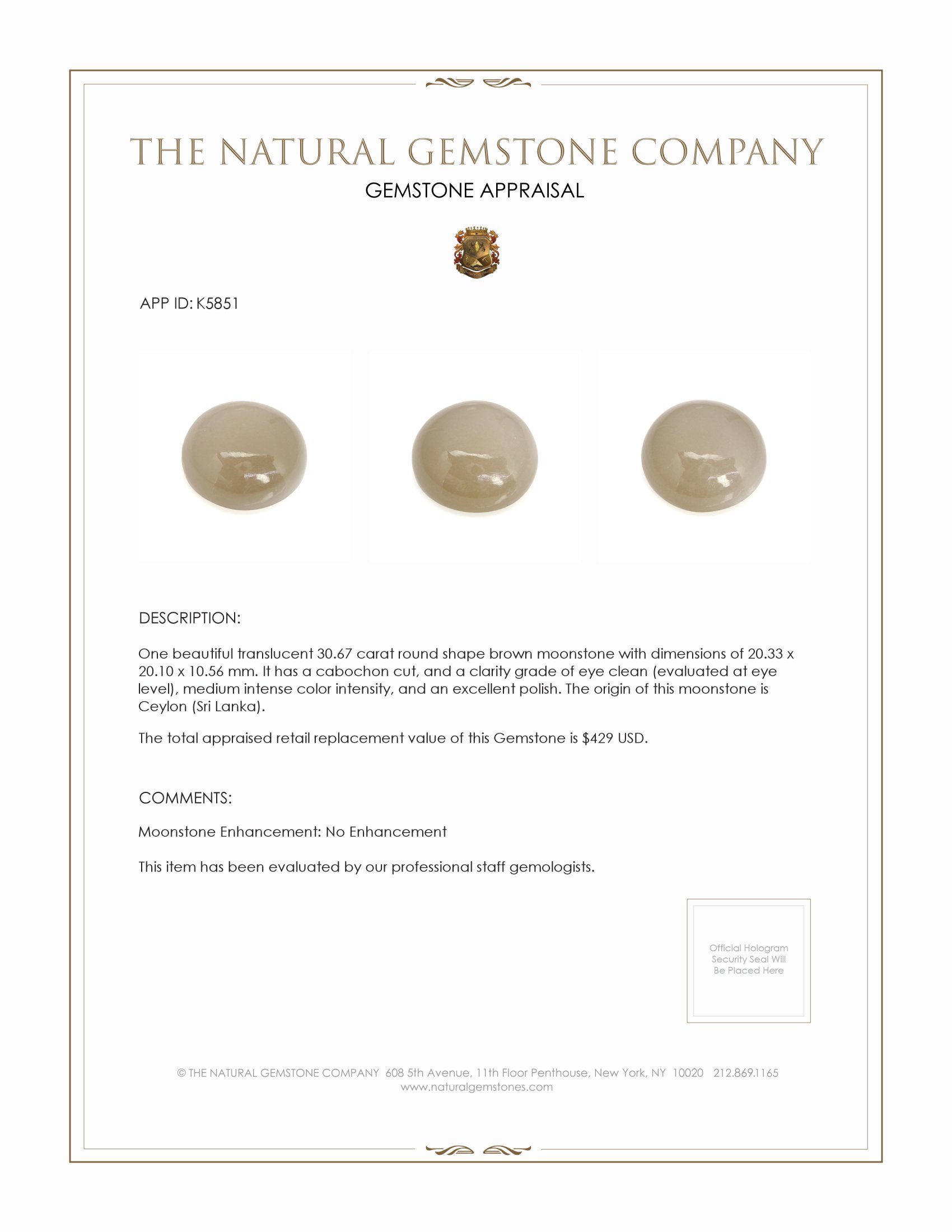 30.67 Ct. Cabochon Moonstone from Ceylon (Sri Lanka)