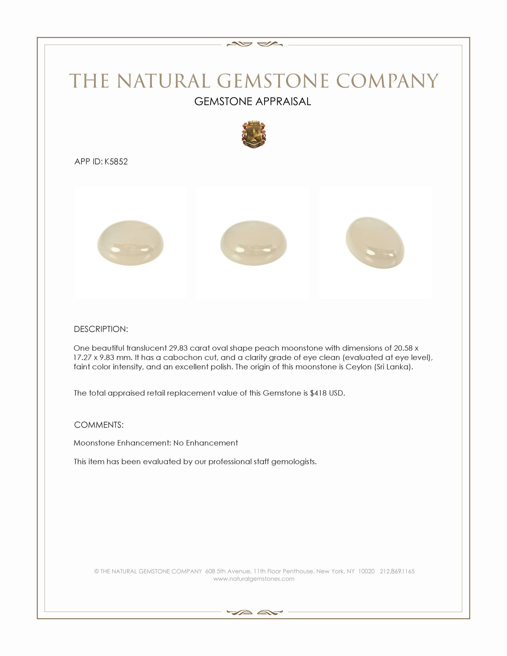 29.83 Ct. Cabochon Moonstone from Ceylon (Sri Lanka)