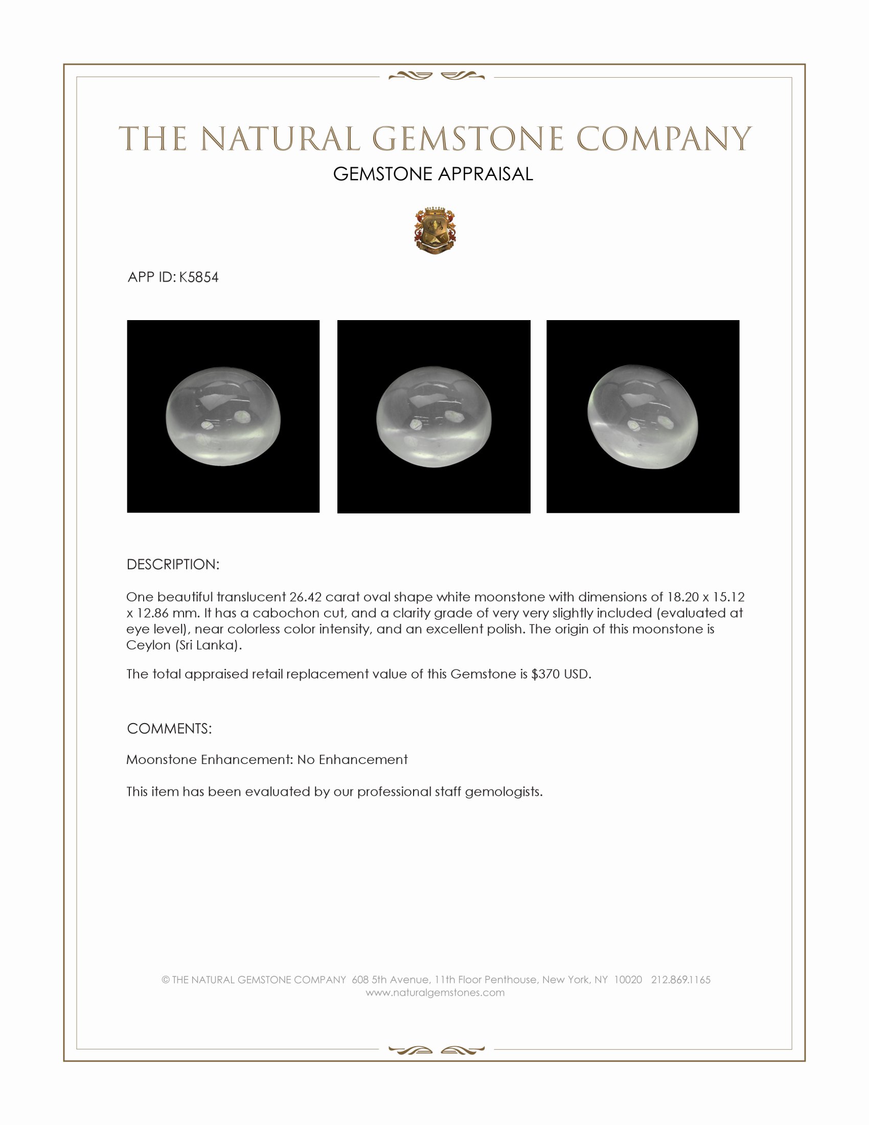 26.42 Ct. White Cabochon Moonstone from Ceylon (Sri Lanka)