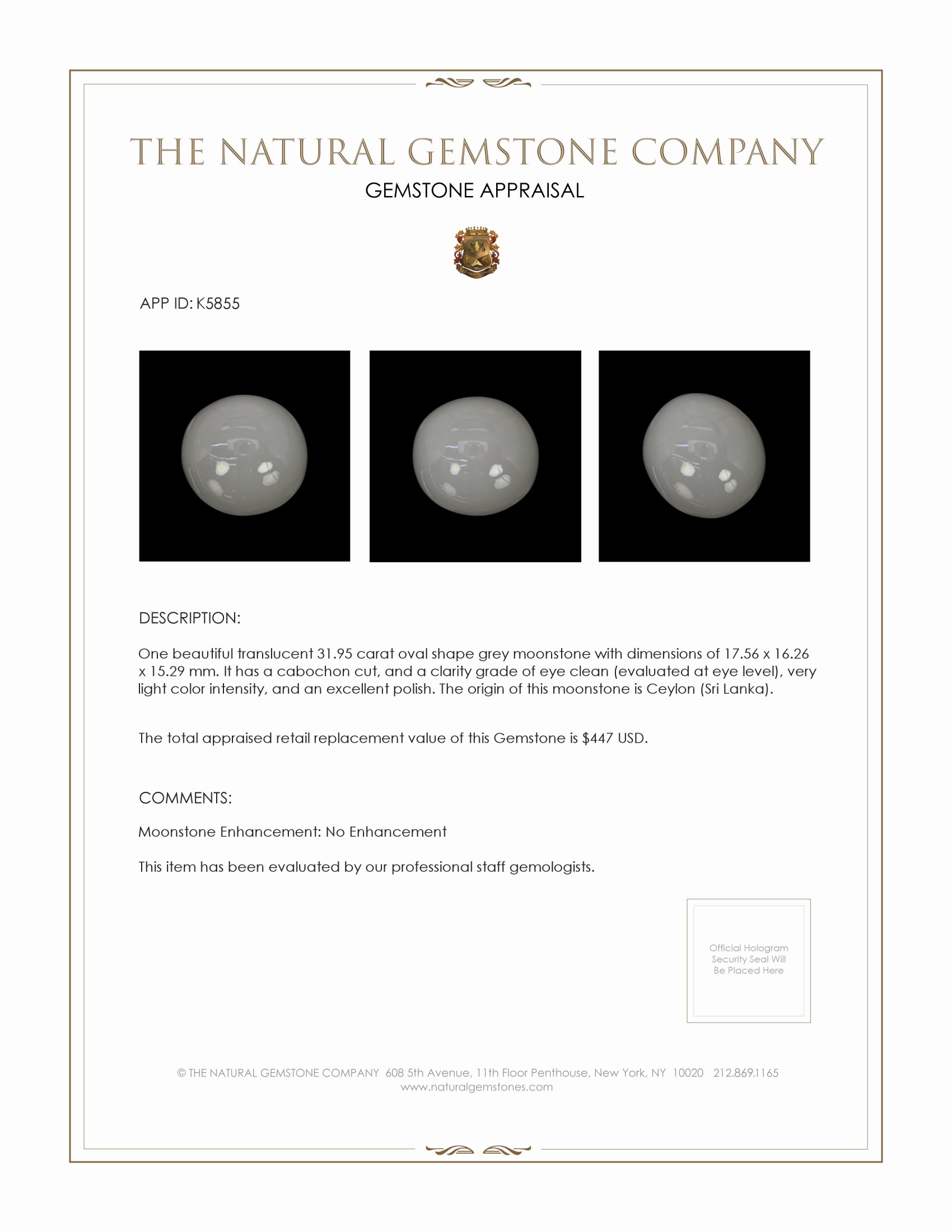 31.95 Ct. Cabochon Moonstone from Ceylon (Sri Lanka)