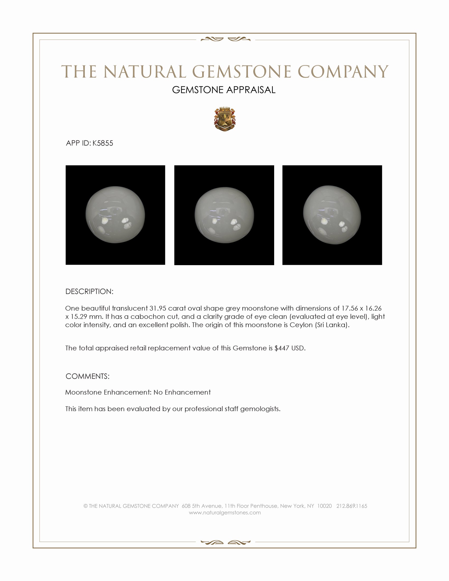 31.95 Ct. Cabochon Moonstone from Ceylon (Sri Lanka)