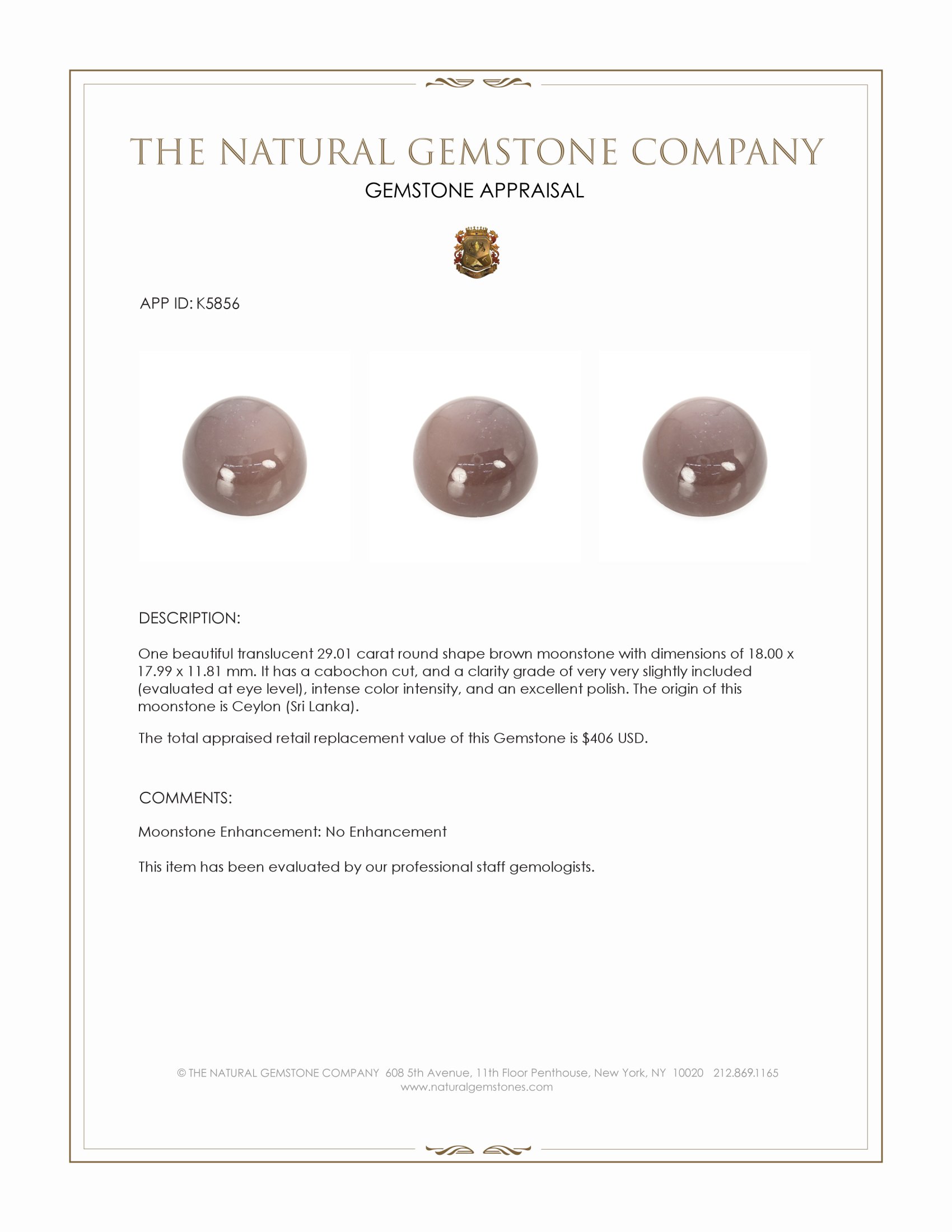 29.01 Ct. Brown Cabochon Moonstone from Ceylon (Sri Lanka)