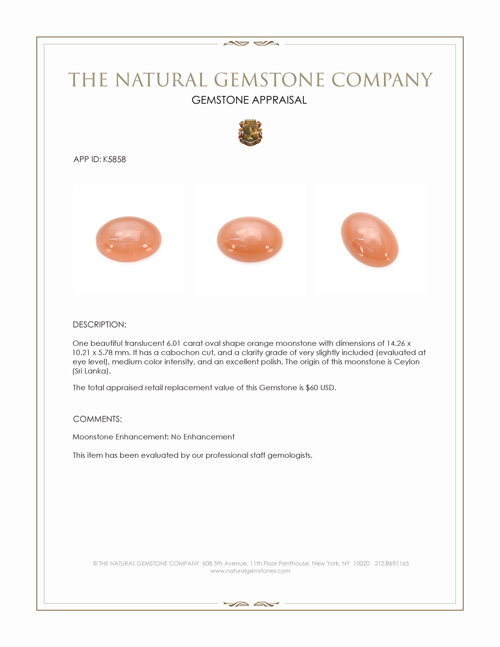 6.01 Ct. Orange Cabochon Moonstone from Ceylon (Sri Lanka)