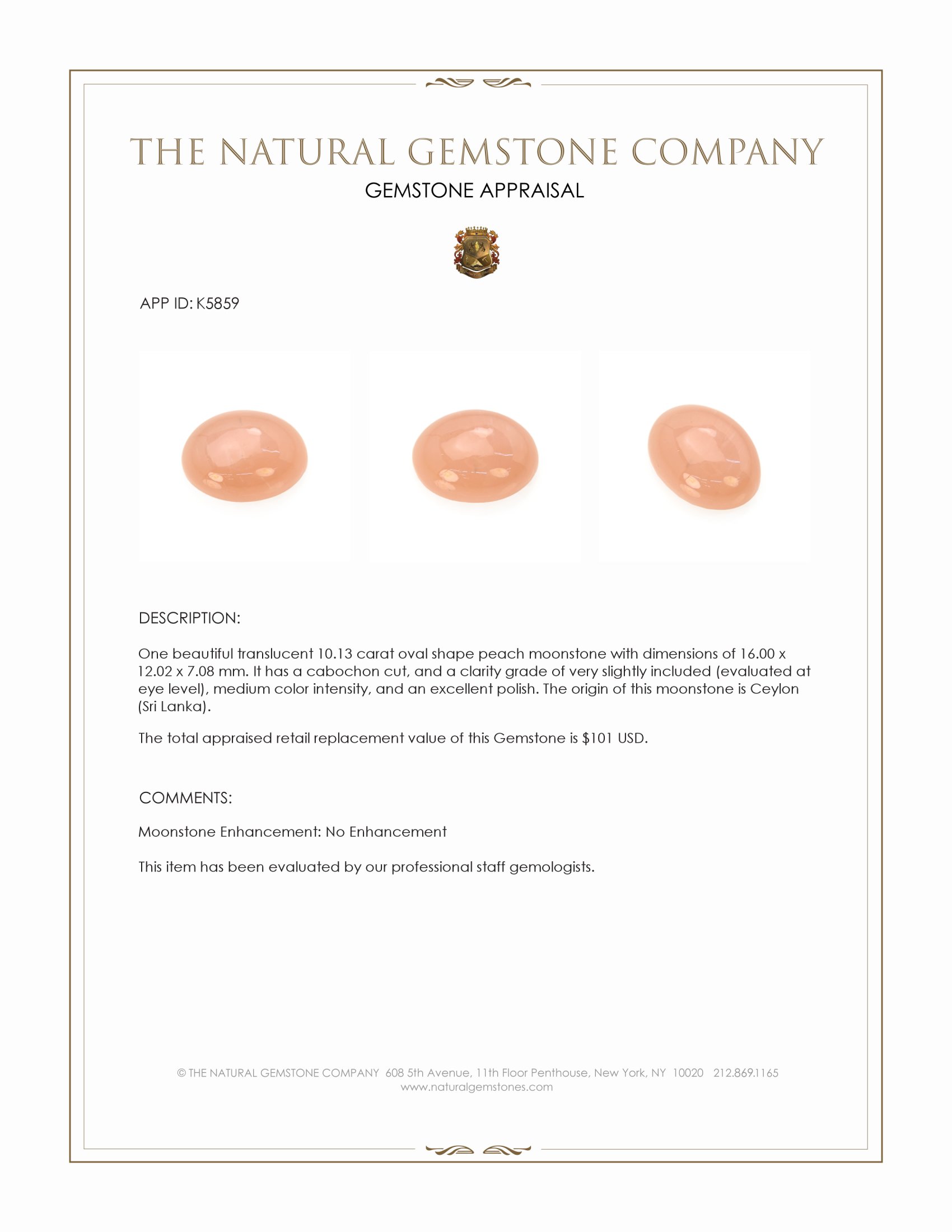 10.13 Ct. Peach Cabochon Moonstone from Ceylon (Sri Lanka)