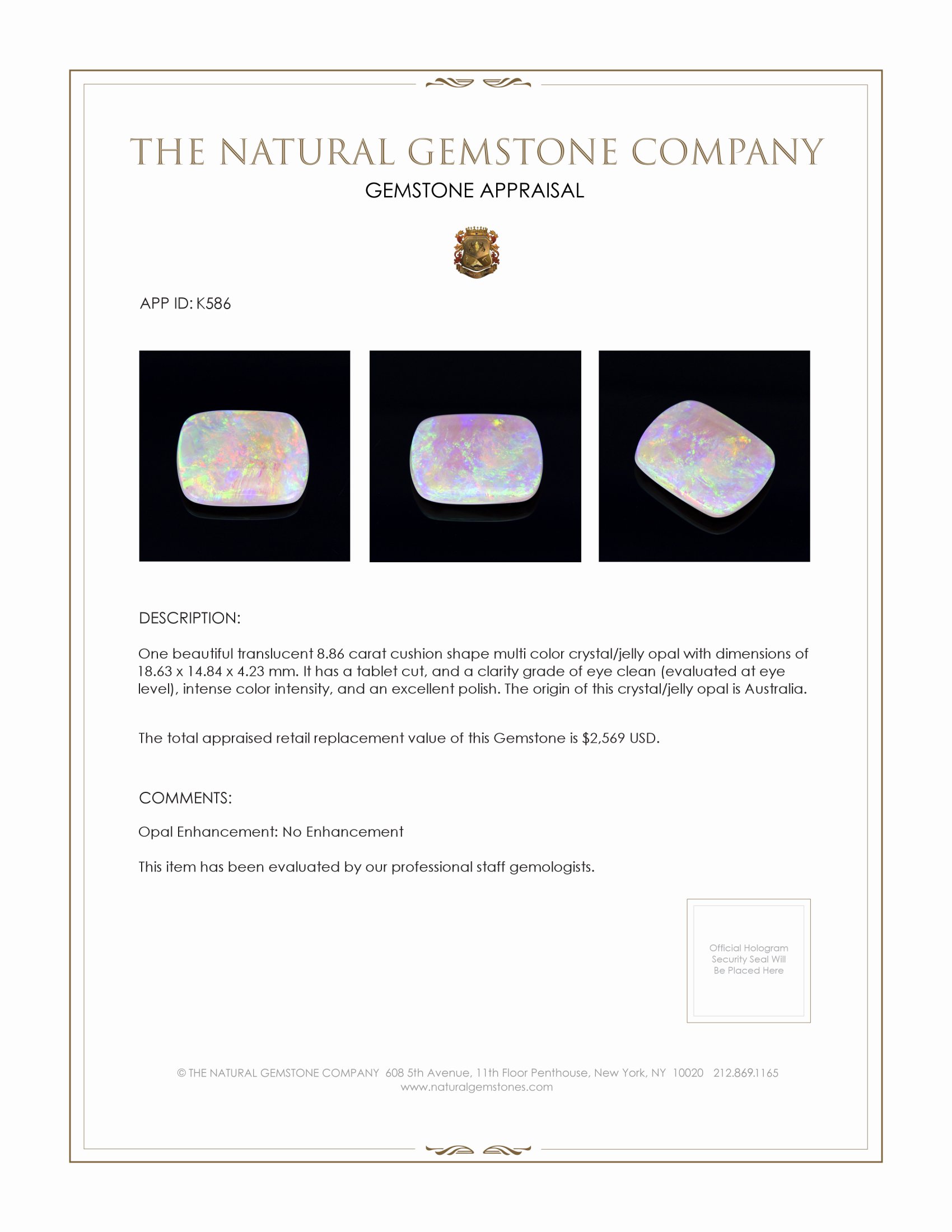 8.86 Ct. Crystal/Jelly Opal from Australia