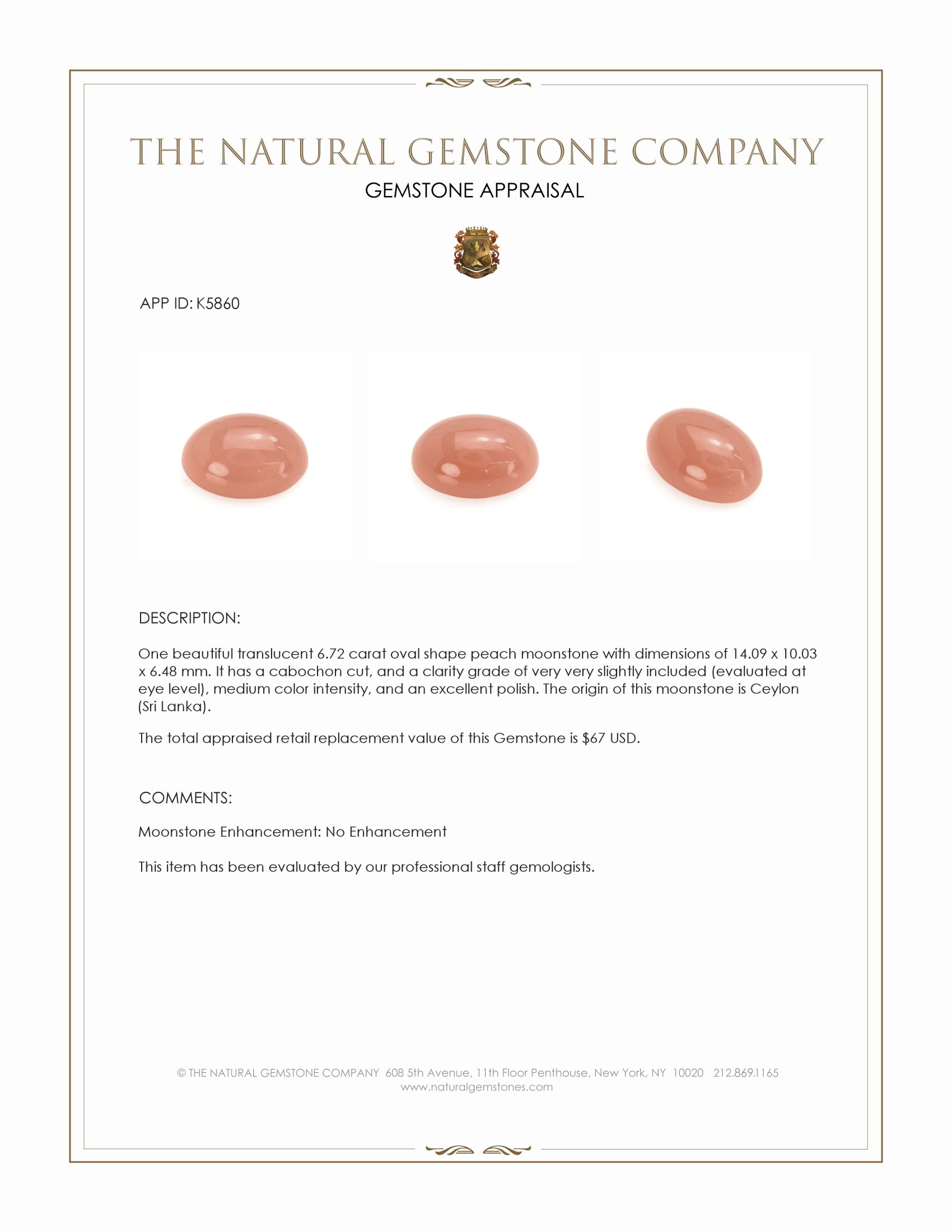 6.72 Ct. Peach Cabochon Moonstone from Ceylon (Sri Lanka)