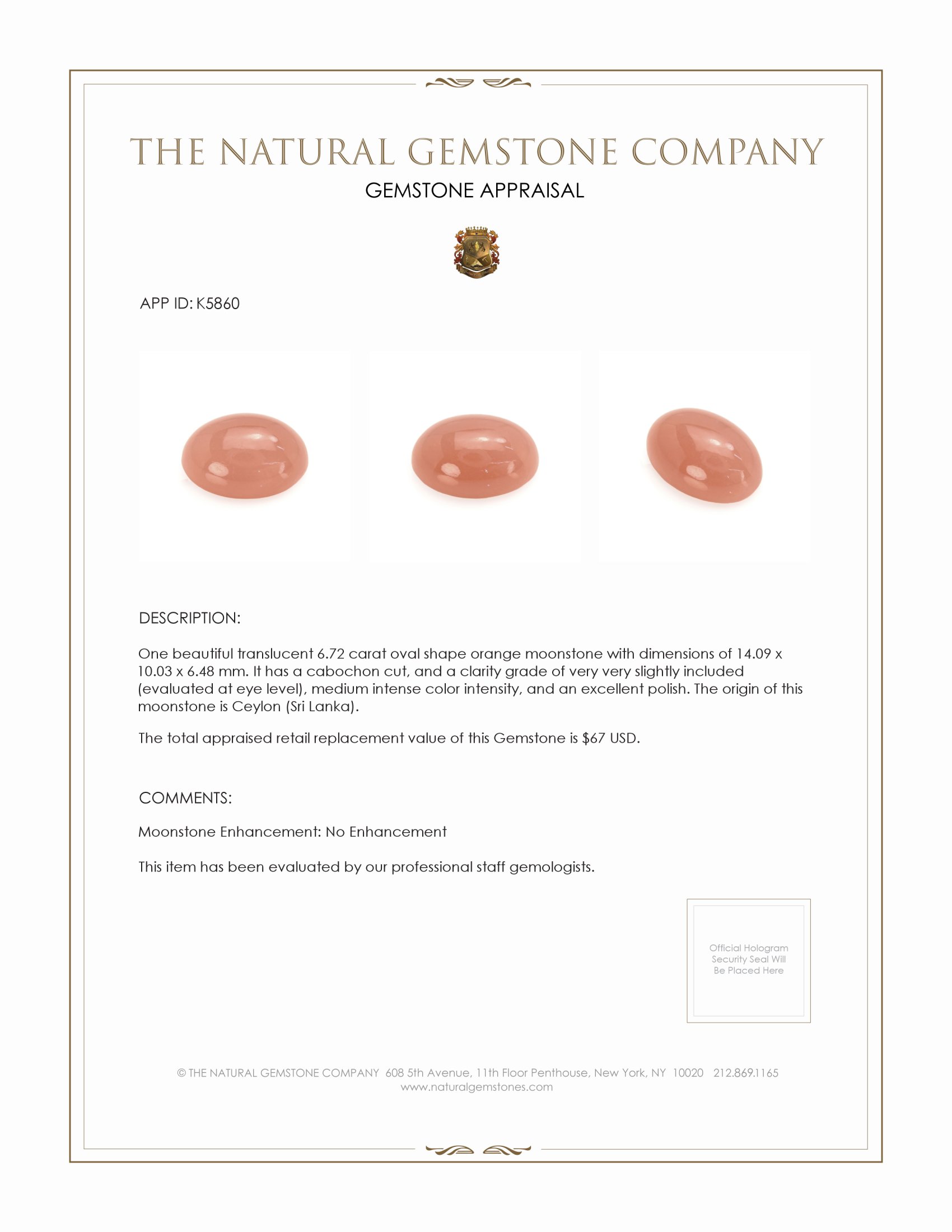 6.72 Ct. Cabochon Moonstone from Ceylon (Sri Lanka)