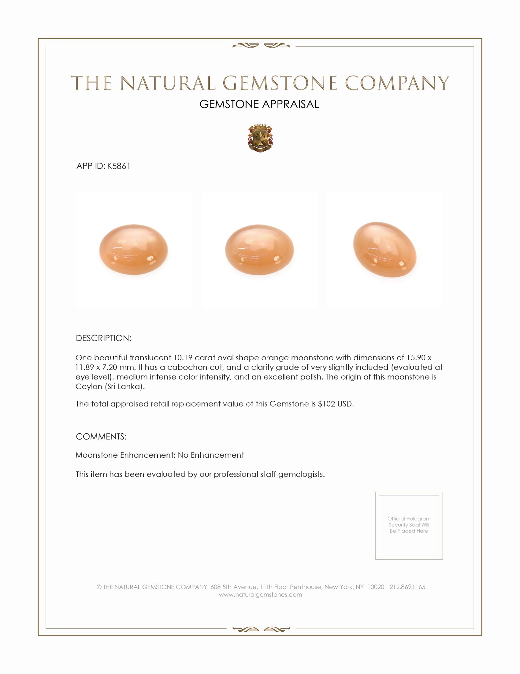 10.19 Ct. Cabochon Moonstone from Ceylon (Sri Lanka)