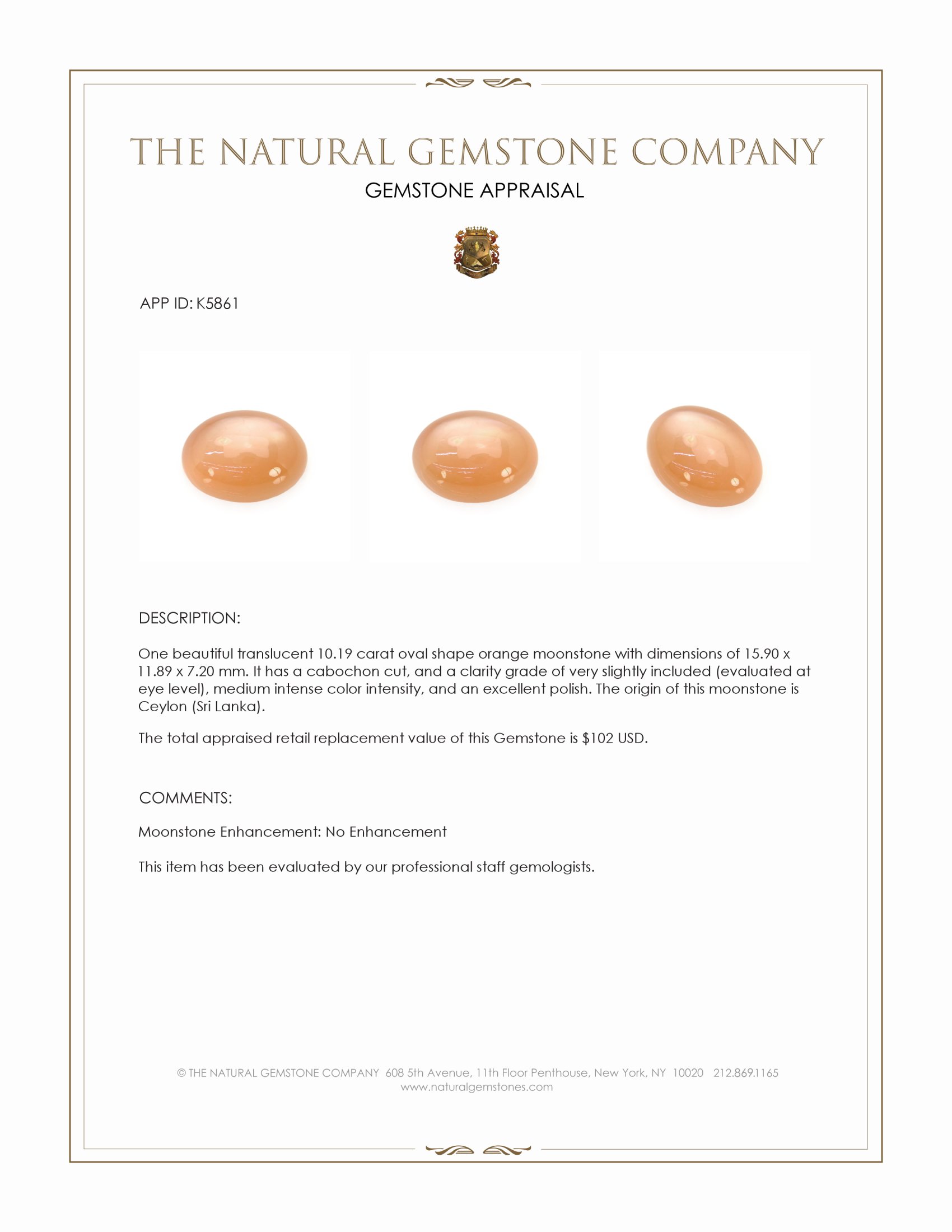 10.19 Ct. Cabochon Moonstone from Ceylon (Sri Lanka)