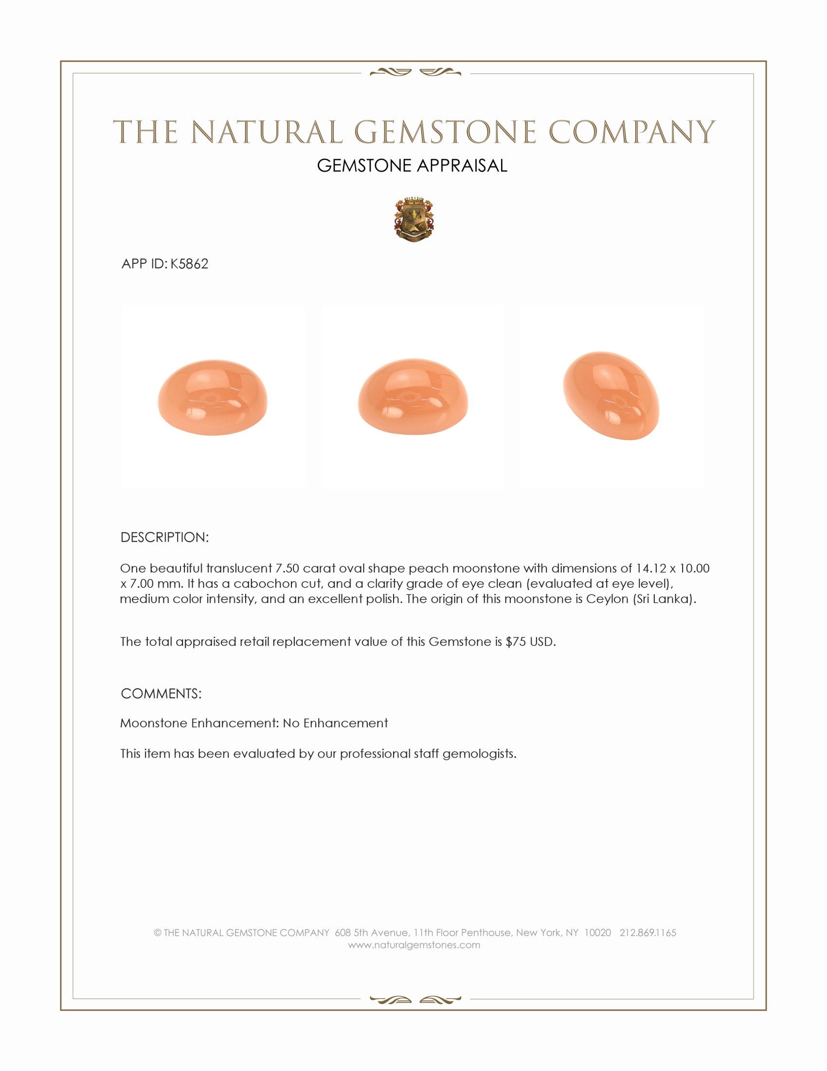 7.50 Ct. Peach Cabochon Moonstone from Ceylon (Sri Lanka)