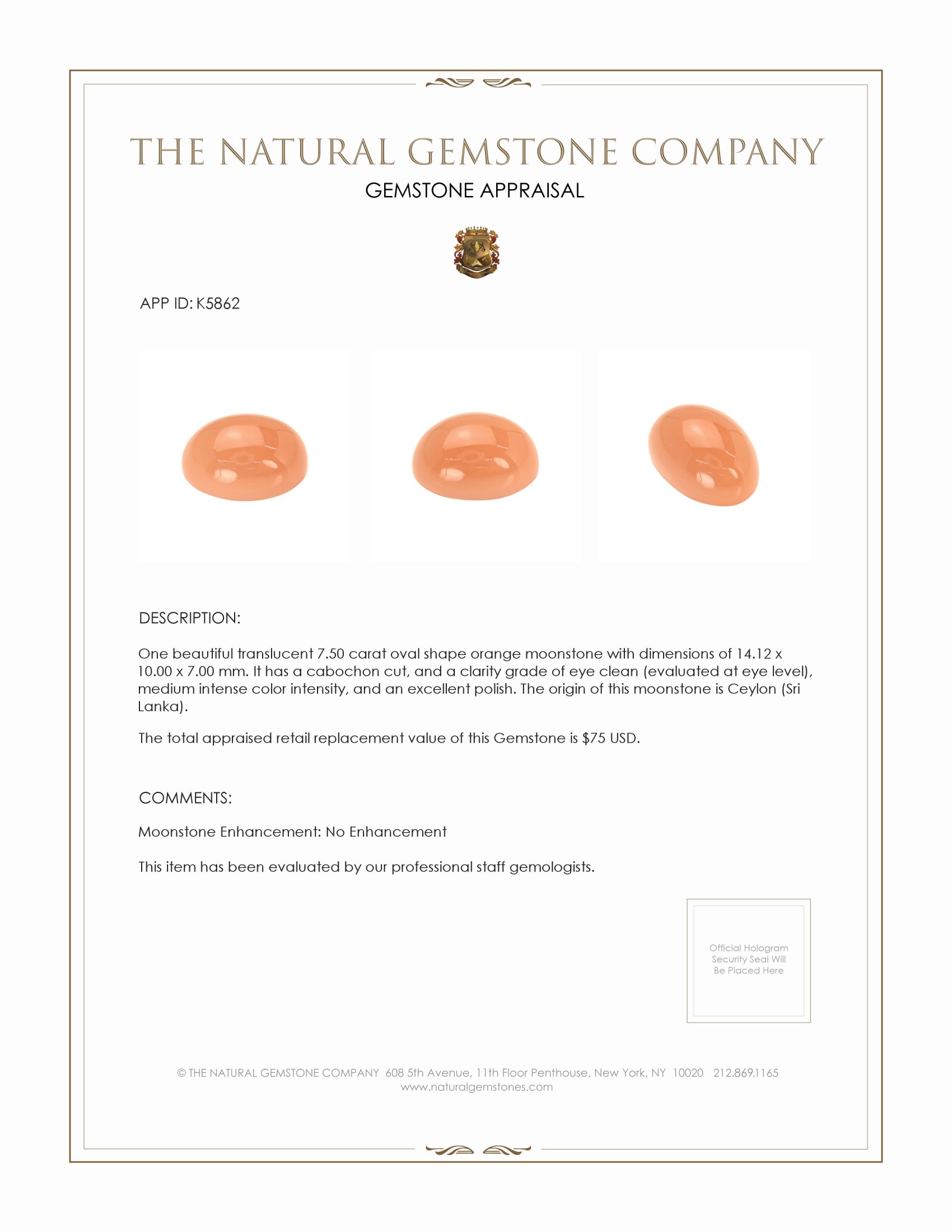 7.50 Ct. Cabochon Moonstone from Ceylon (Sri Lanka)