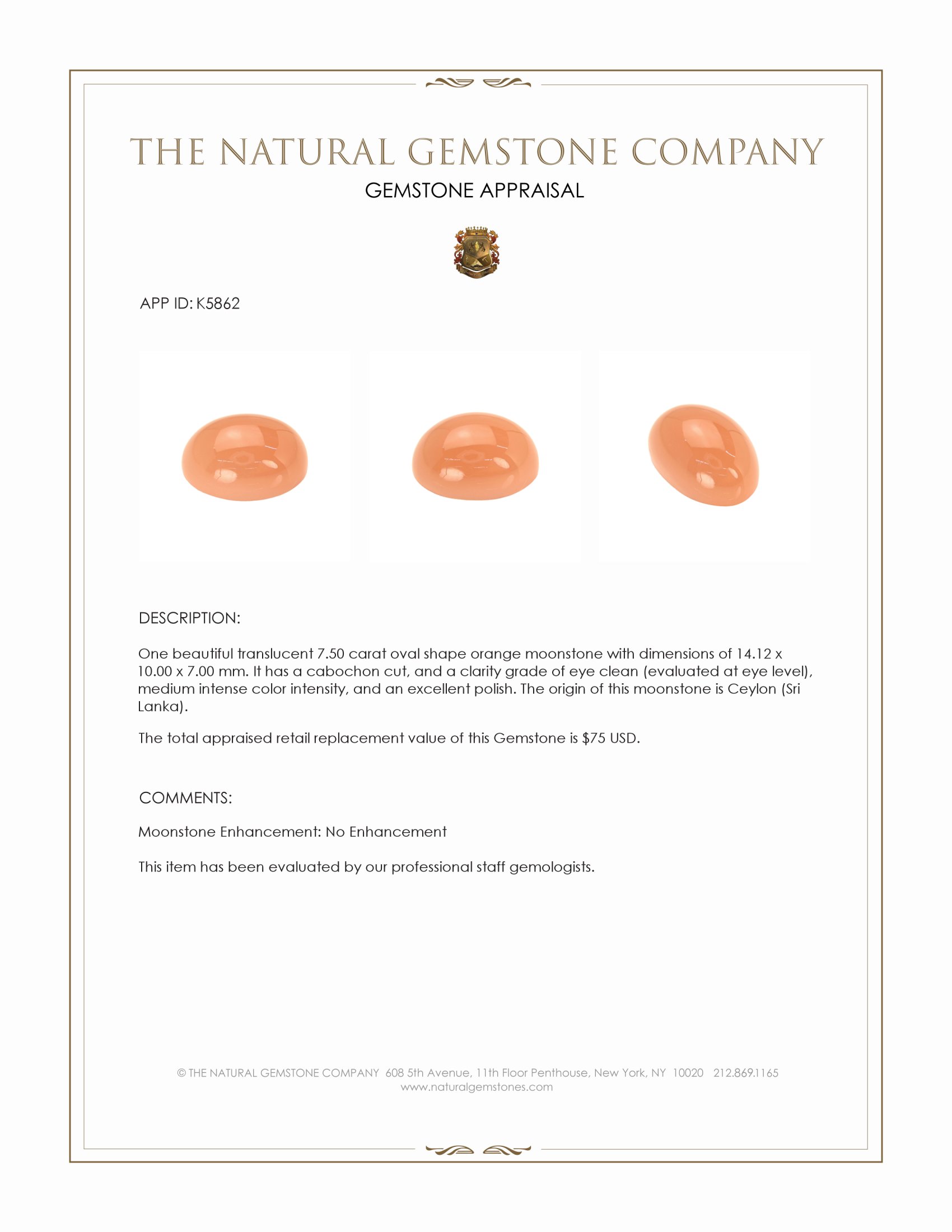 7.50 Ct. Cabochon Moonstone from Ceylon (Sri Lanka)