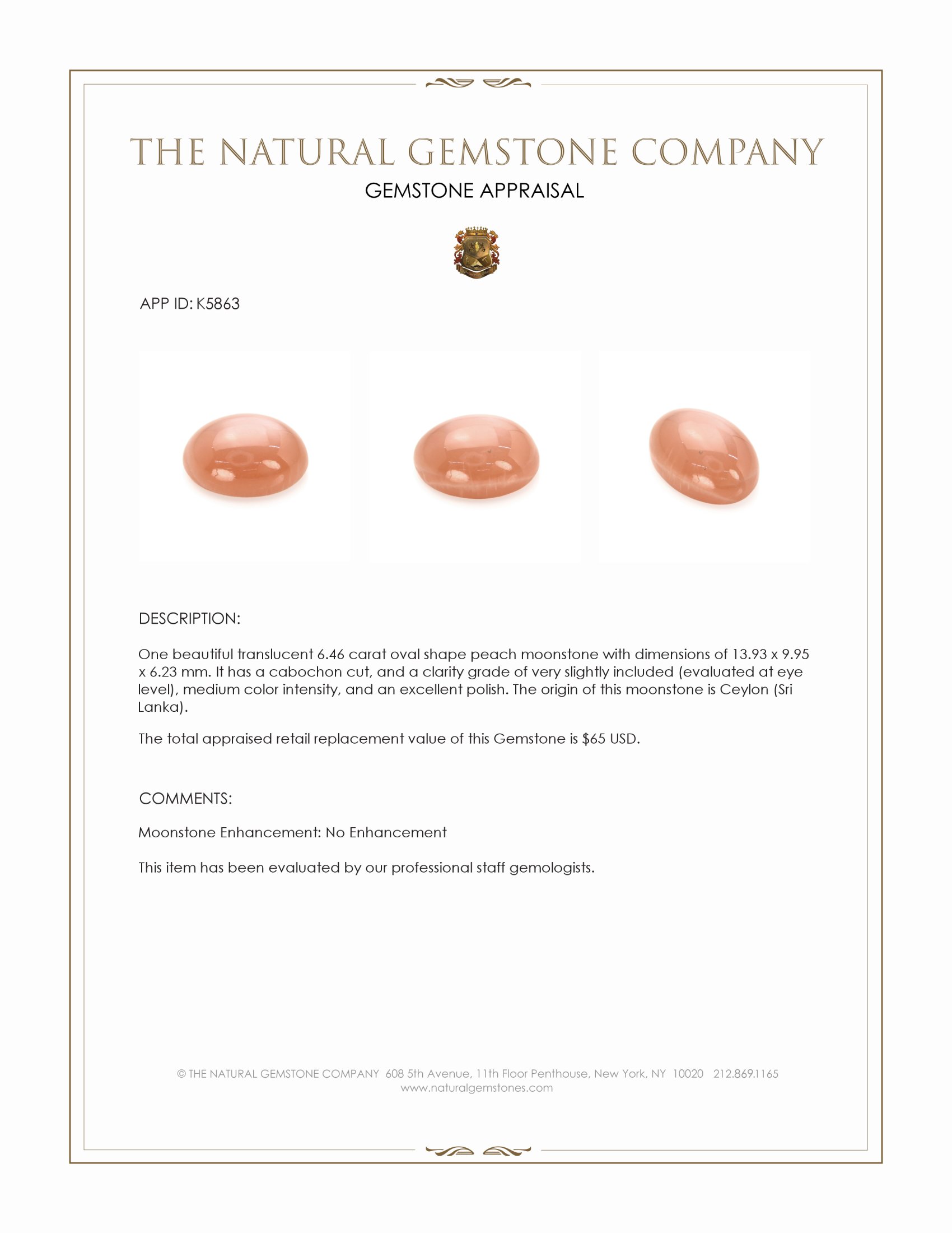 6.46 Ct. Cabochon Moonstone from Ceylon (Sri Lanka)