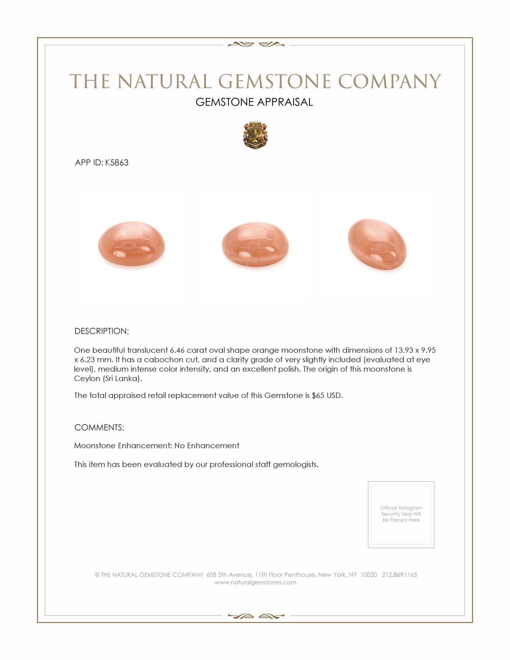 6.46 Ct. Cabochon Moonstone from Ceylon (Sri Lanka)