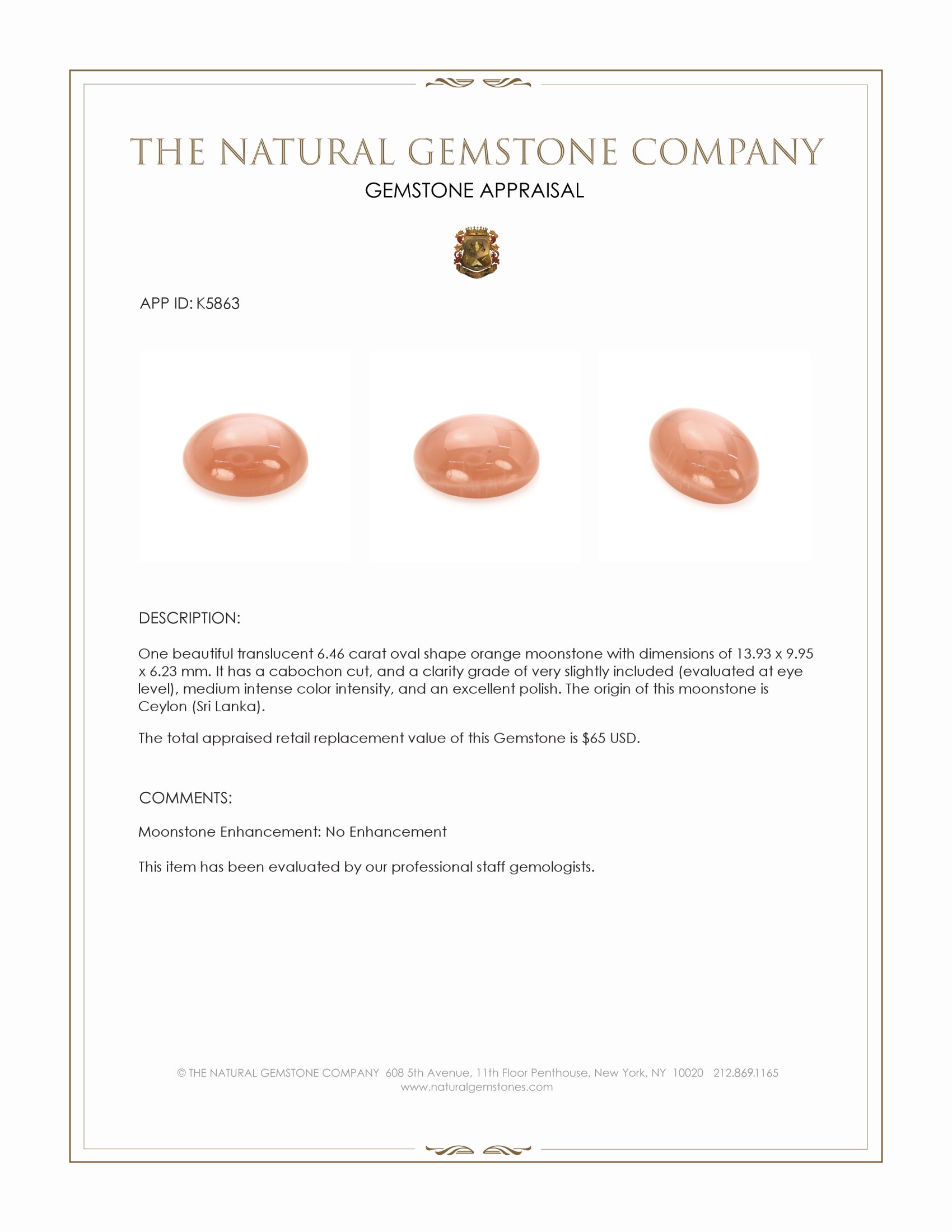 6.46 Ct. Cabochon Moonstone from Ceylon (Sri Lanka)