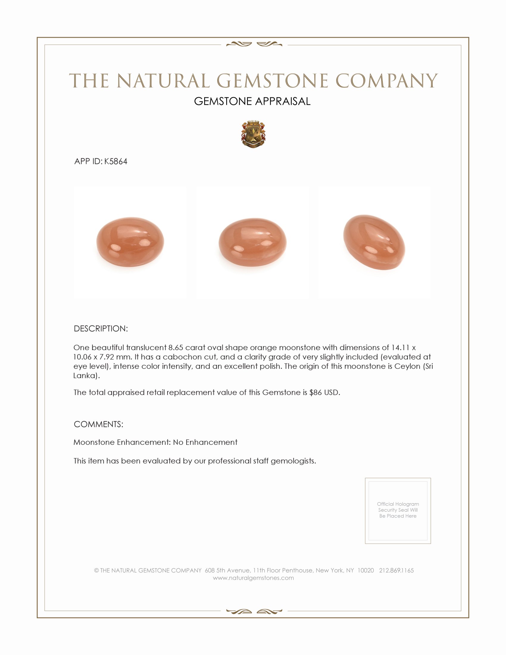 8.65 Ct. Cabochon Moonstone from Ceylon (Sri Lanka)