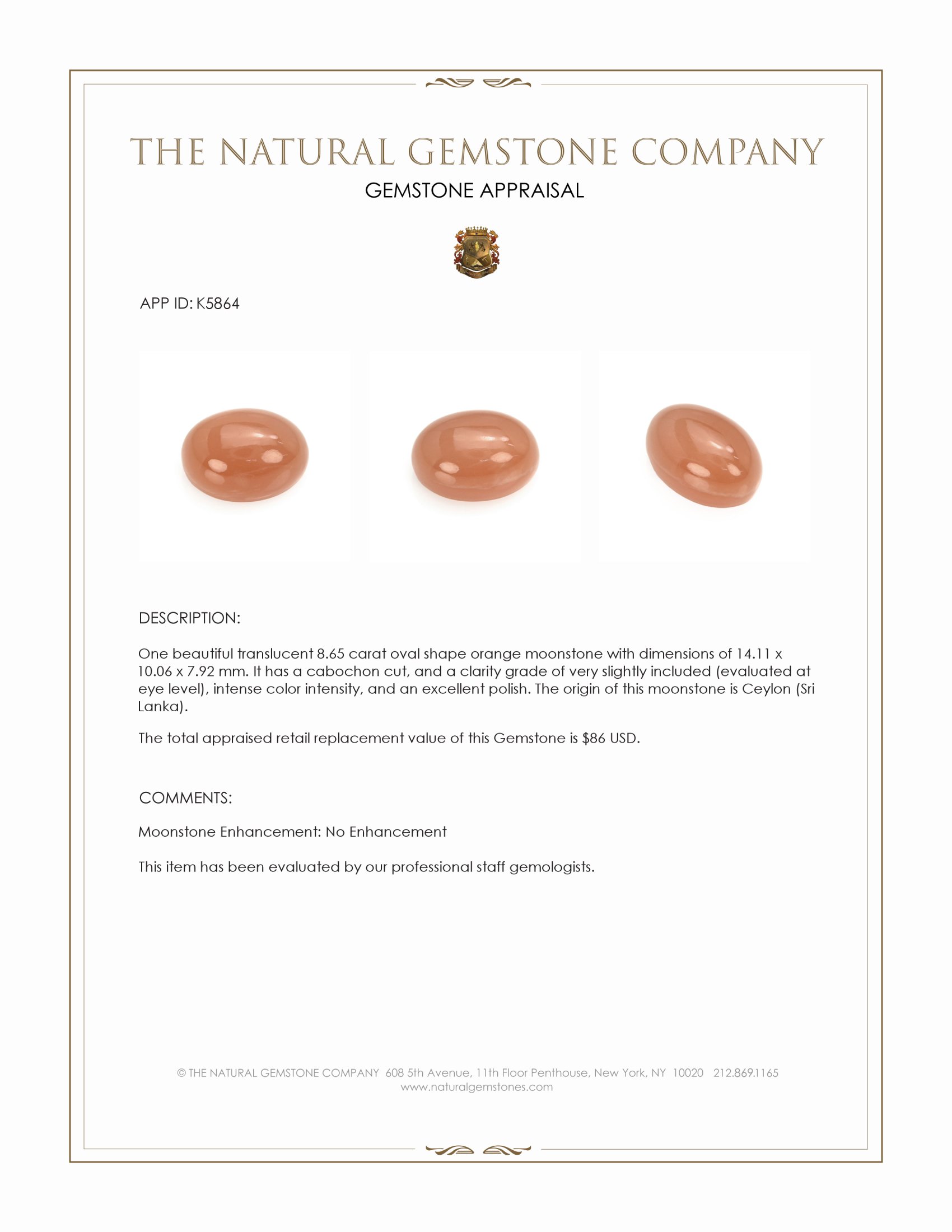 8.65 Ct. Cabochon Moonstone from Ceylon (Sri Lanka)