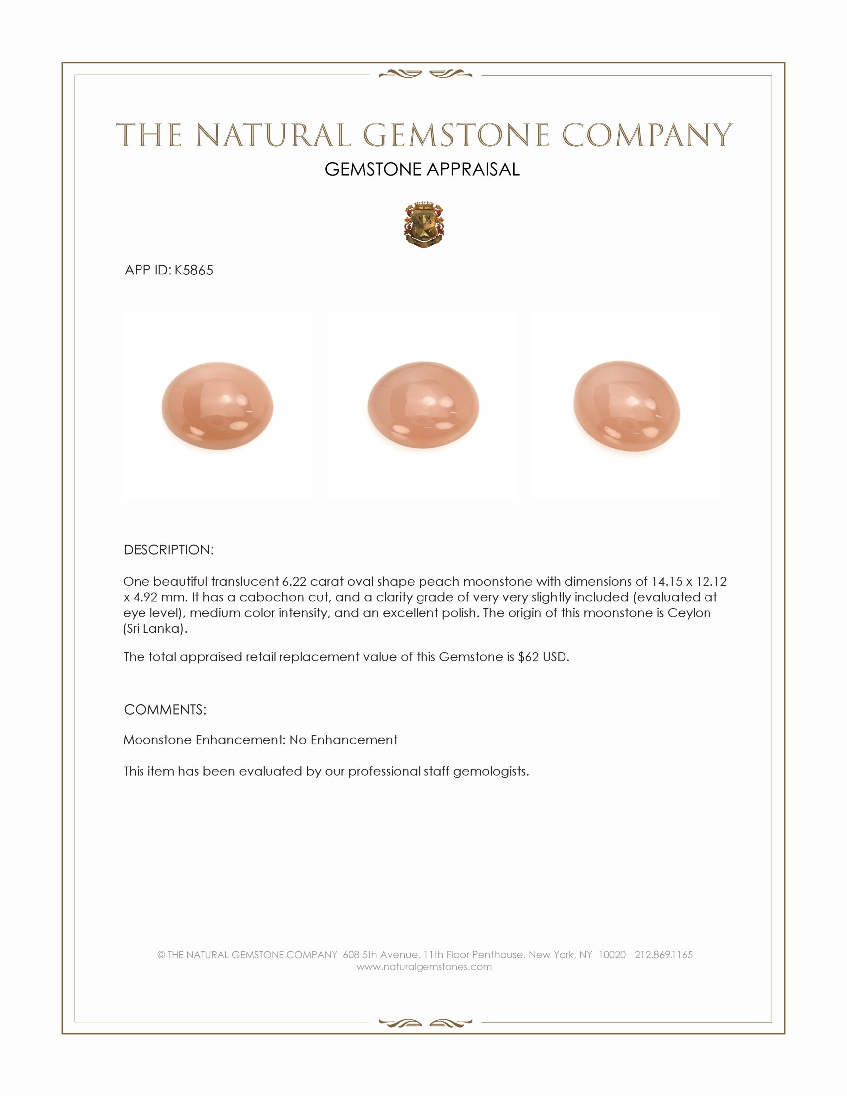 6.22 Ct. Cabochon Moonstone from Ceylon (Sri Lanka)