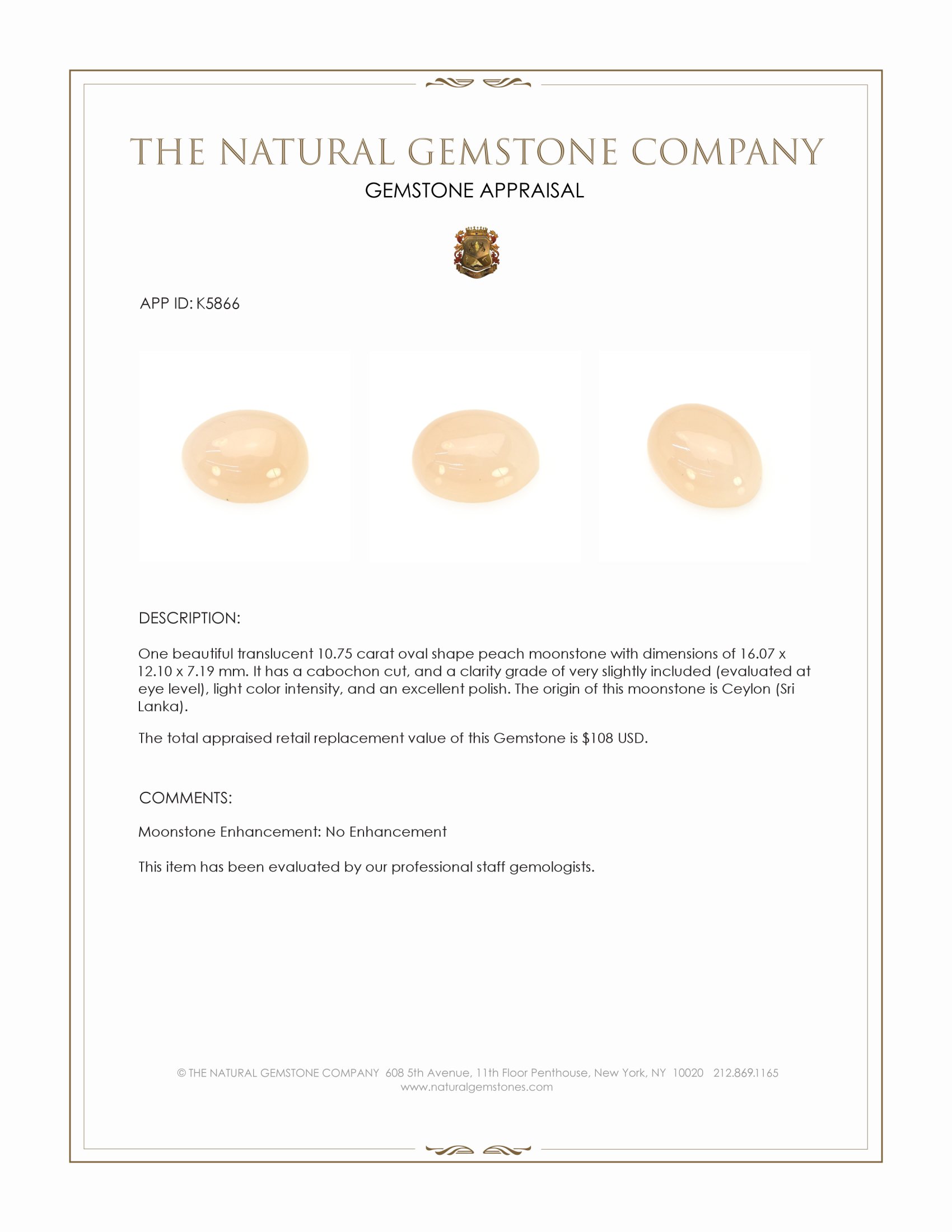 10.75 Ct. Peach Cabochon Moonstone from Ceylon (Sri Lanka)