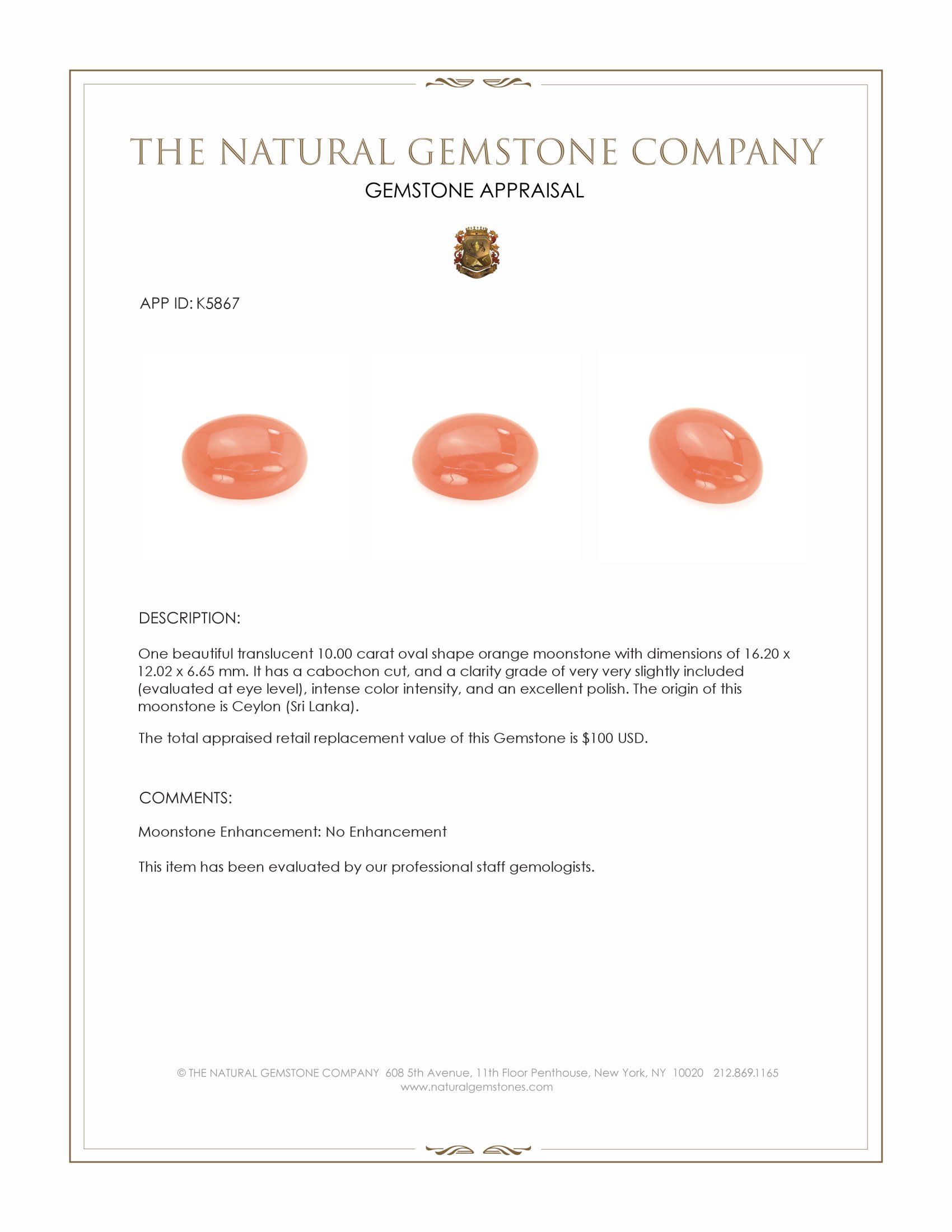 10.00 Ct. Orange Cabochon Moonstone from Ceylon (Sri Lanka)