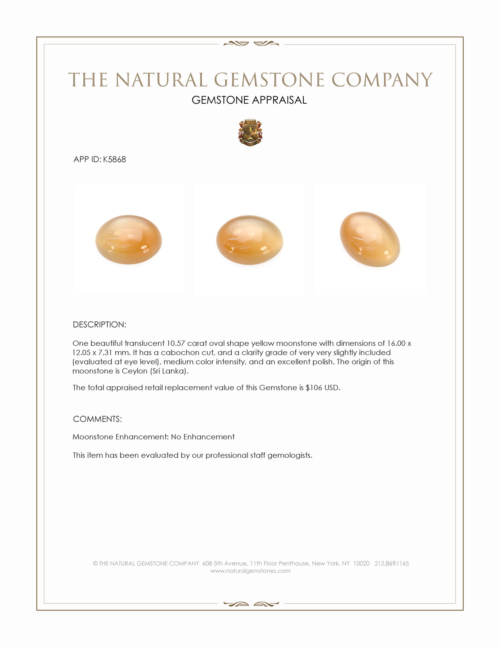 10.57 Ct. Yellow Cabochon Moonstone from Ceylon (Sri Lanka)