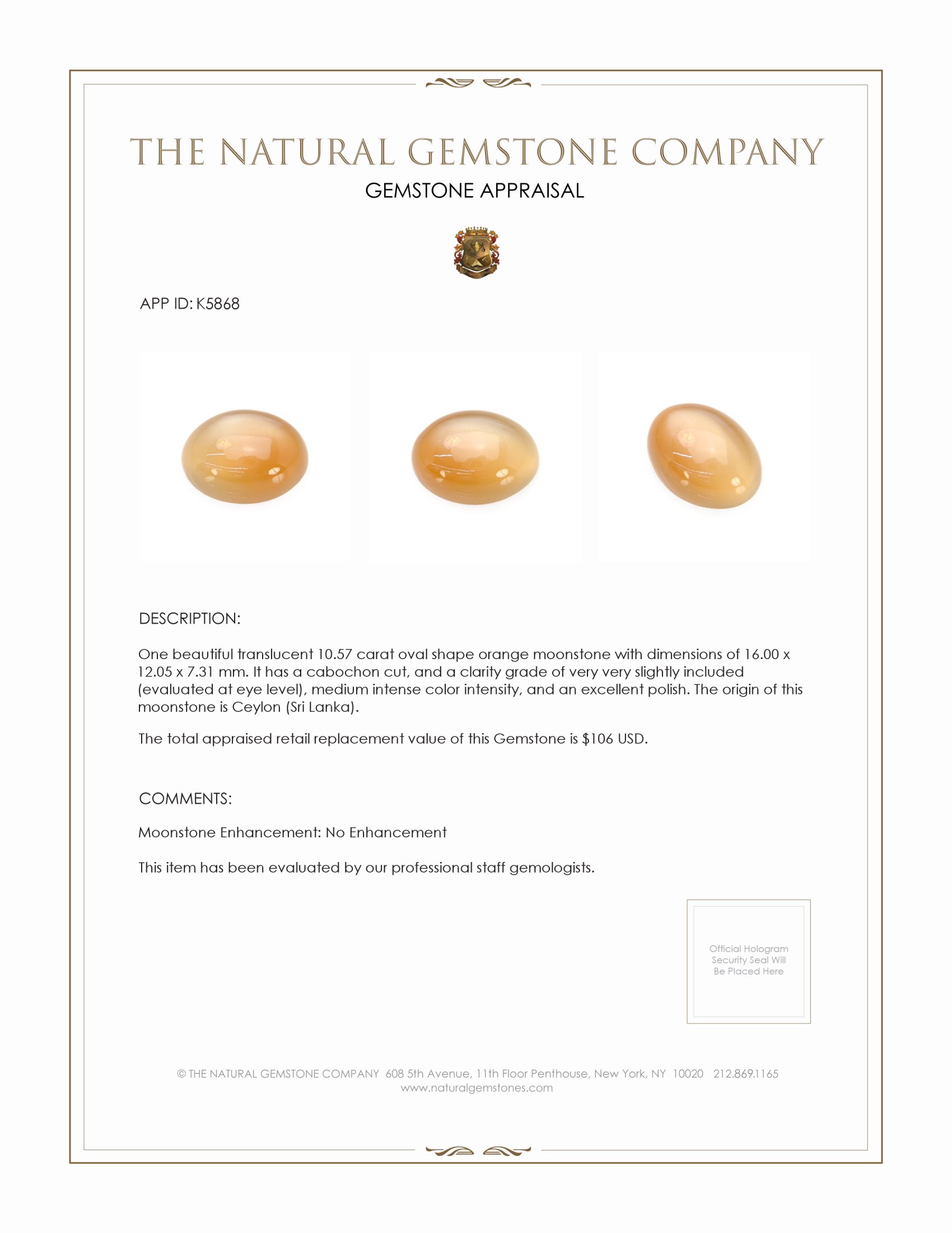 10.57 Ct. Cabochon Moonstone from Ceylon (Sri Lanka)