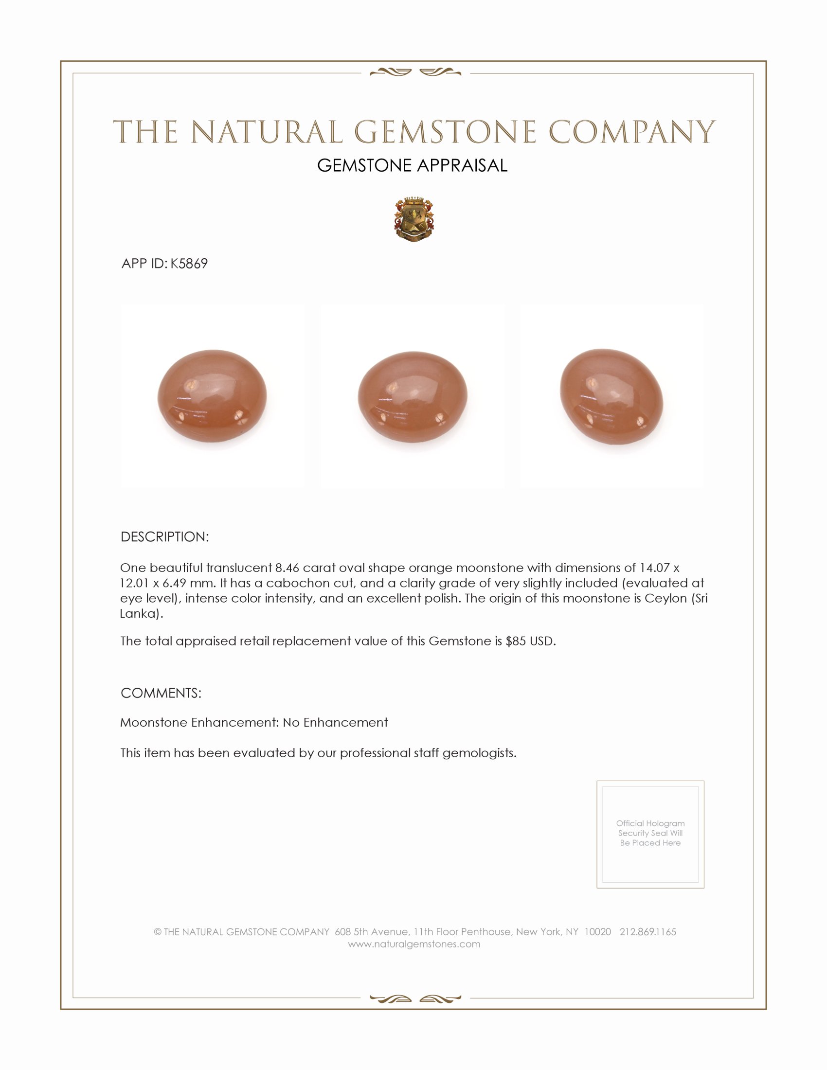 8.46 Ct. Cabochon Moonstone from Ceylon (Sri Lanka)