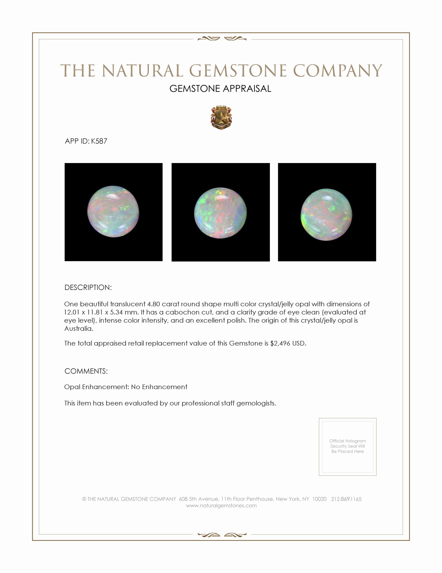 4.80 Ct. Cabochon Crystal/Jelly Opal from Australia