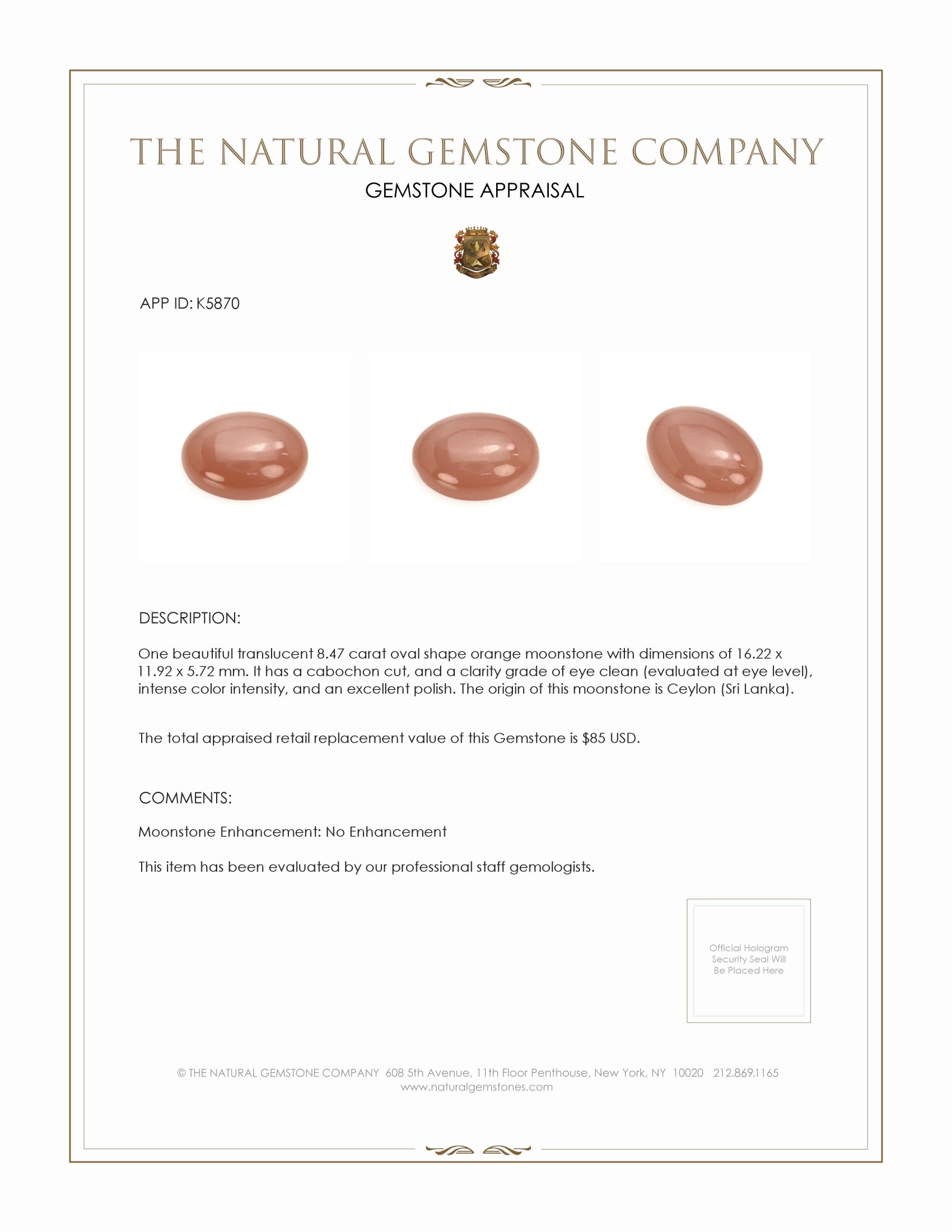 8.47 Ct. Cabochon Moonstone from Ceylon (Sri Lanka)