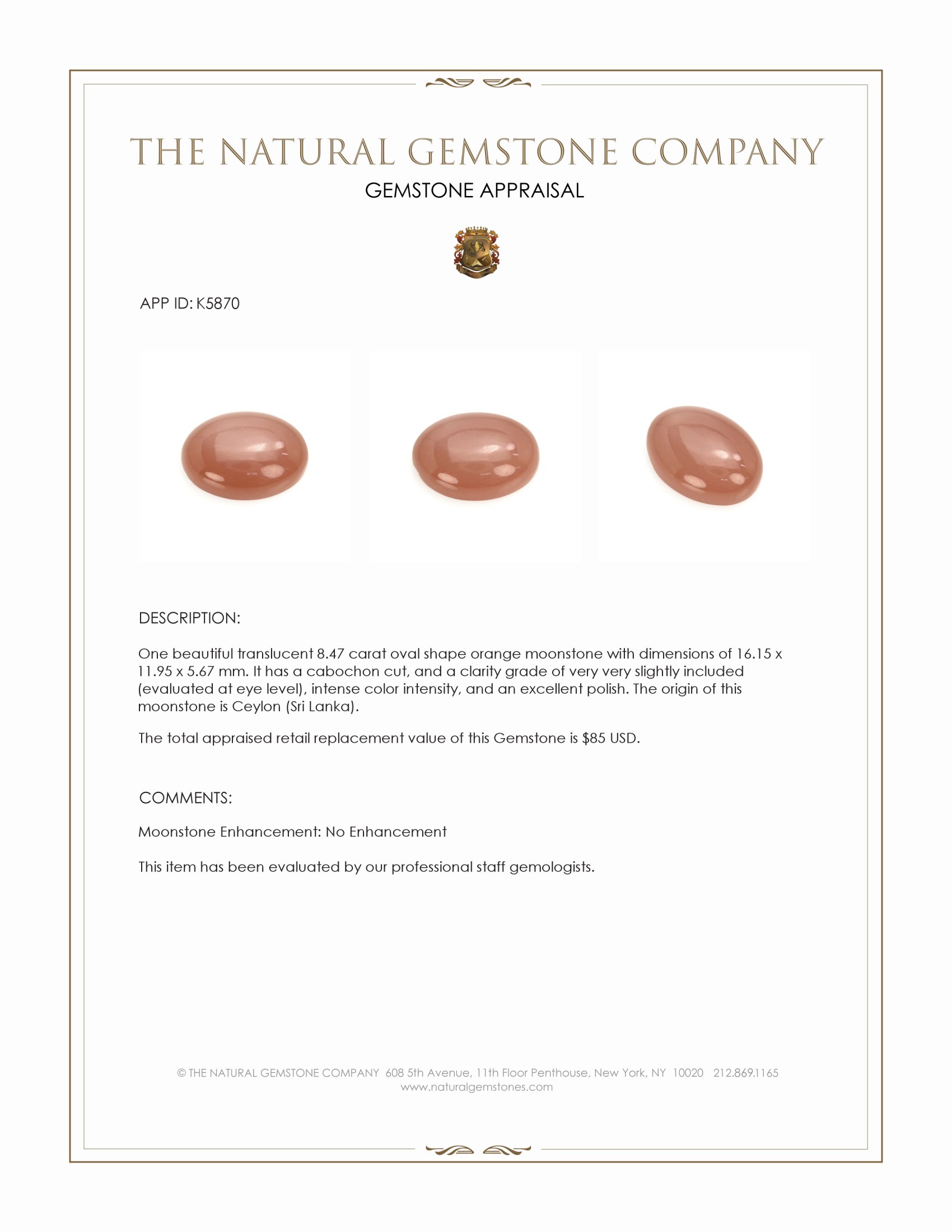 8.47 Ct. Cabochon Moonstone from Ceylon (Sri Lanka)