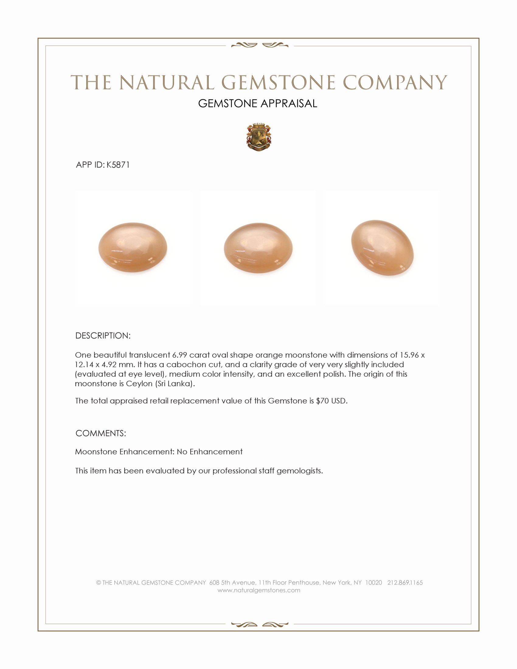 6.99 Ct. Cabochon Moonstone from Ceylon (Sri Lanka)