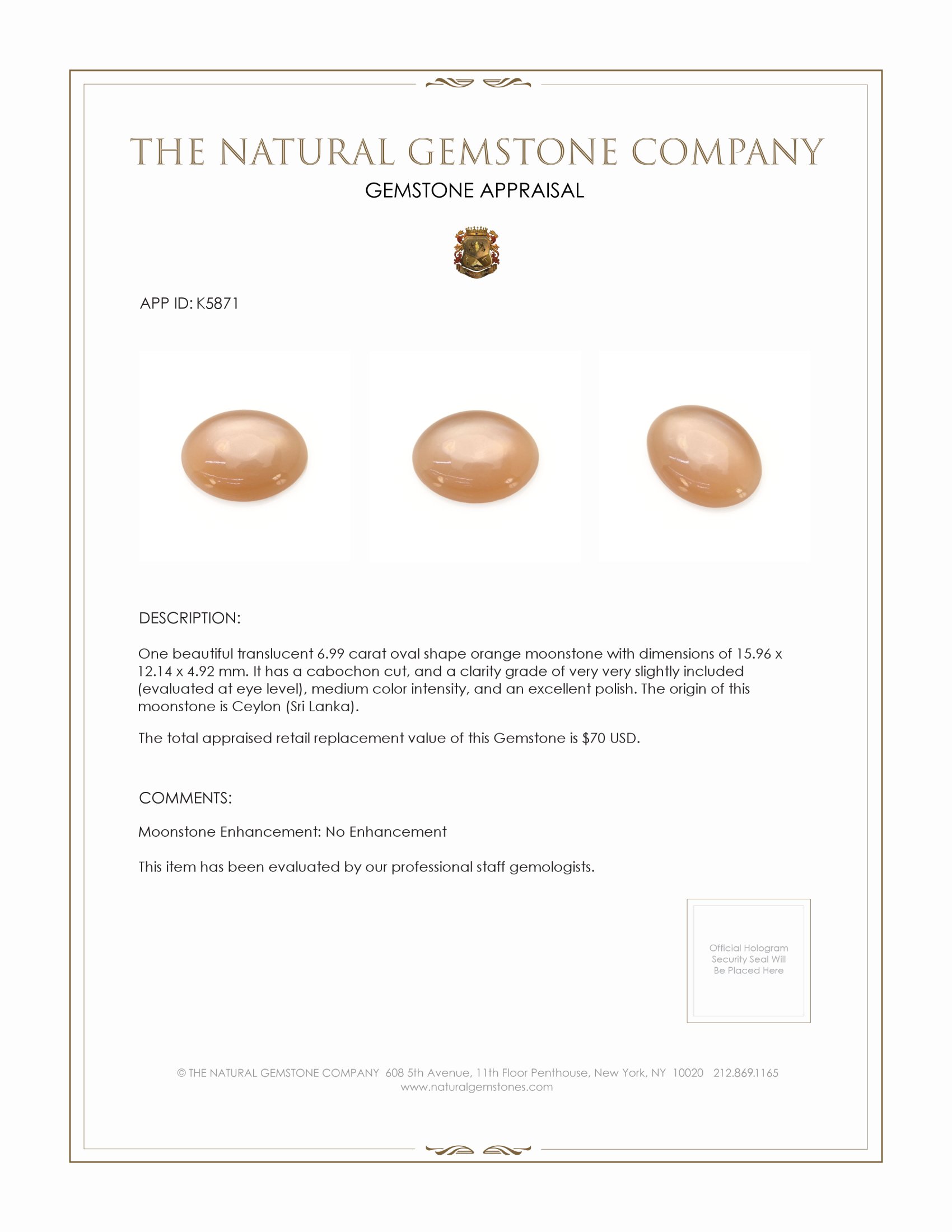 6.99 Ct. Cabochon Moonstone from Ceylon (Sri Lanka)