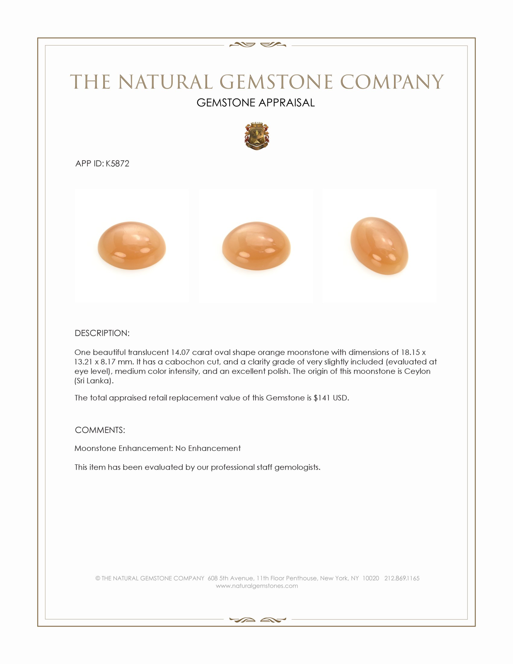 14.07 Ct. Orange Cabochon Moonstone from Ceylon (Sri Lanka)