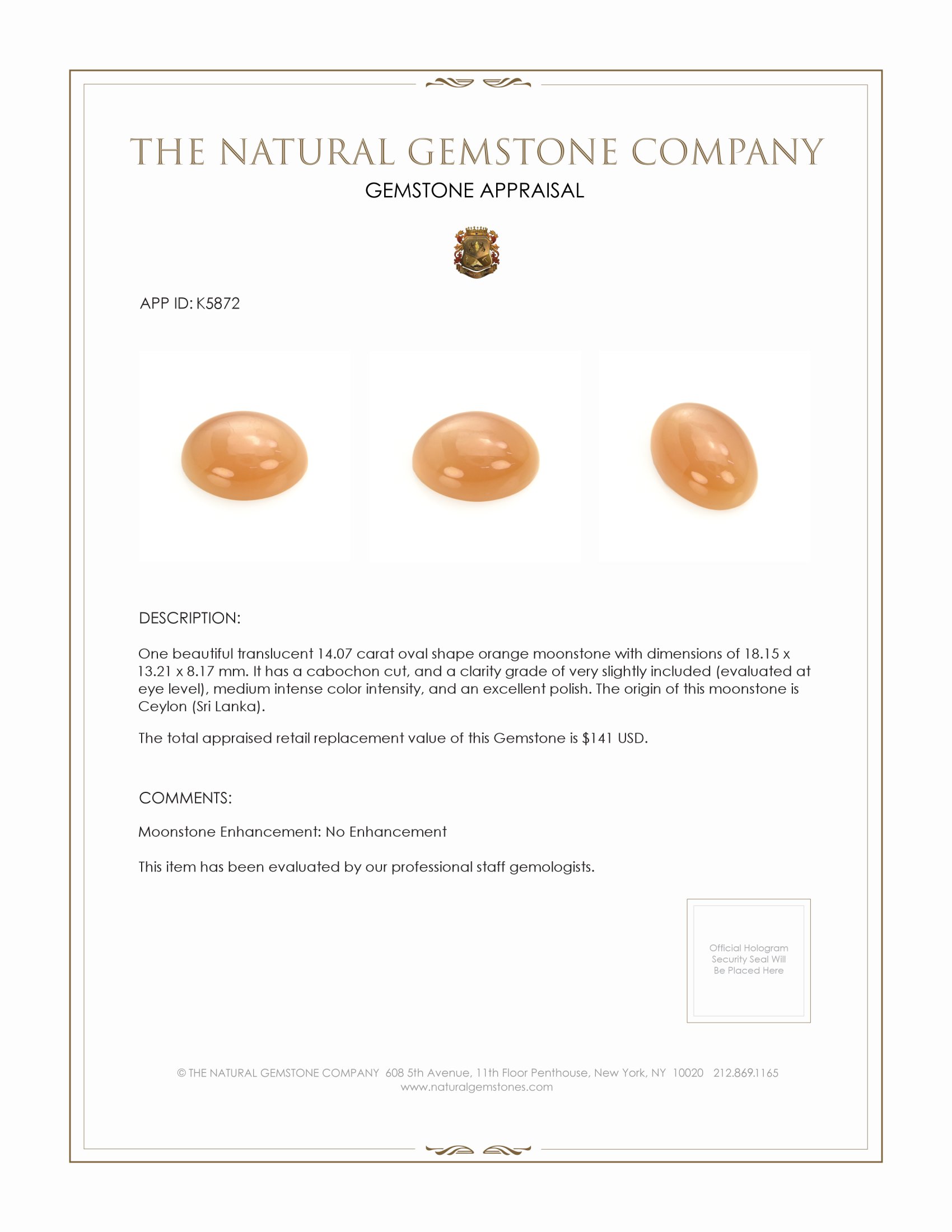 14.07 Ct. Cabochon Moonstone from Ceylon (Sri Lanka)