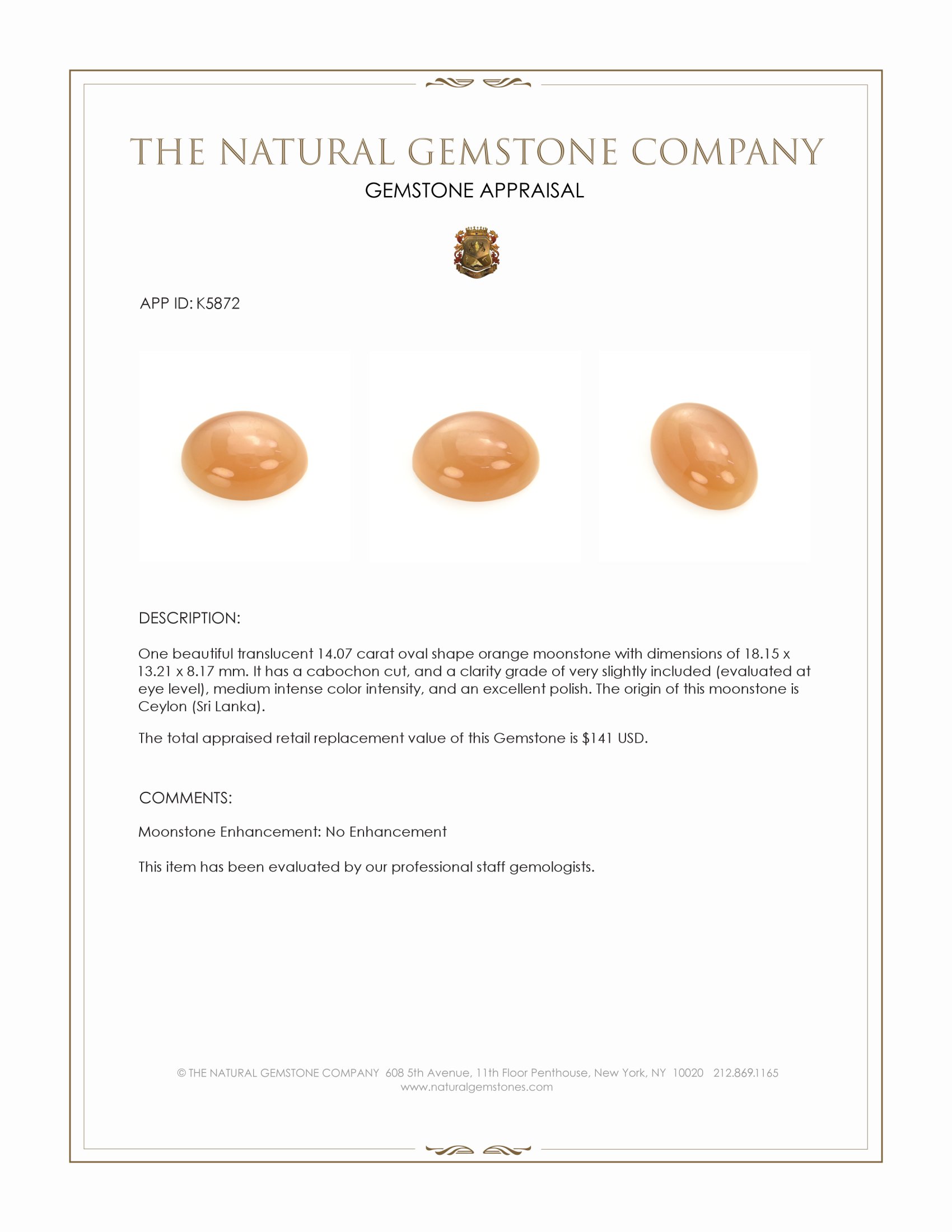 14.07 Ct. Cabochon Moonstone from Ceylon (Sri Lanka)