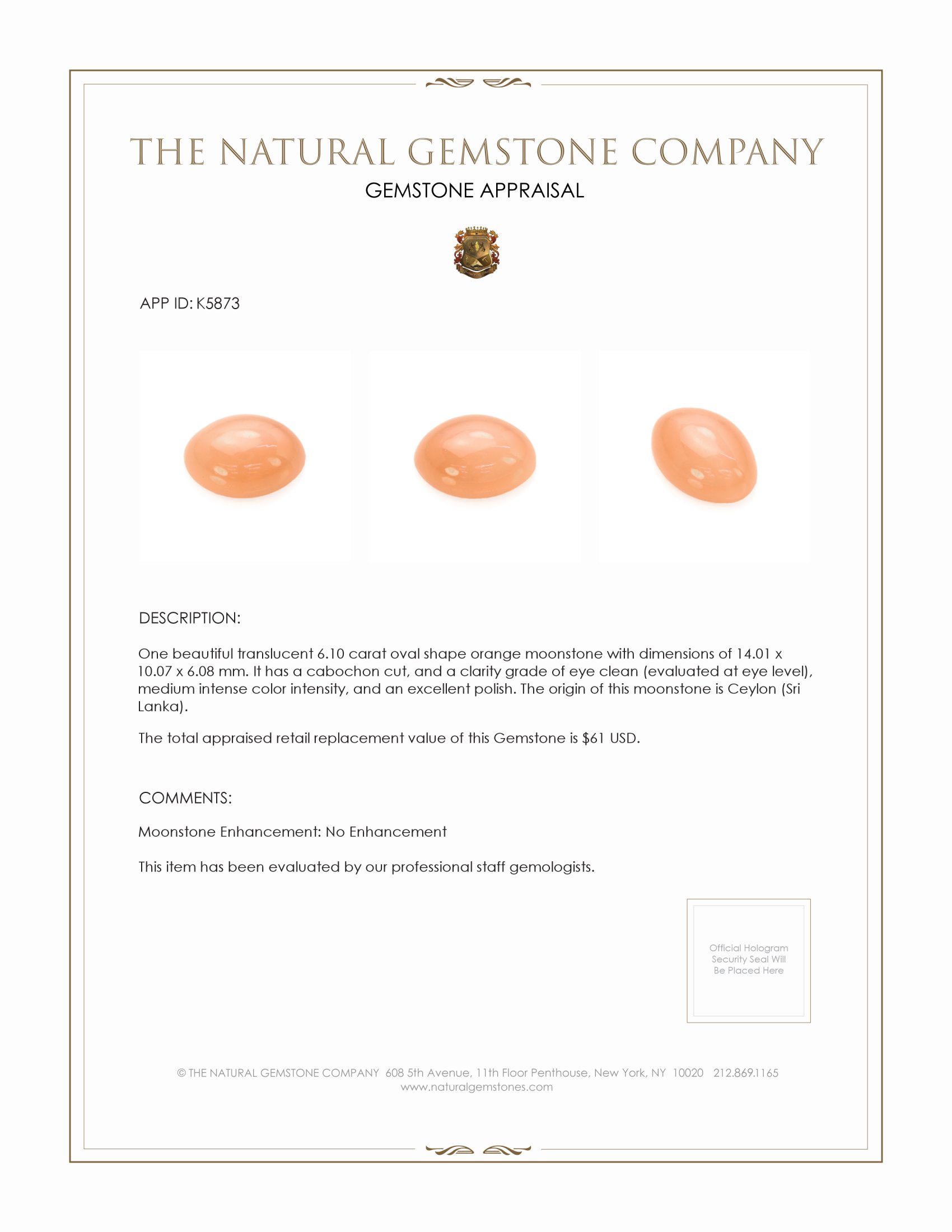 6.10 Ct. Peach Cabochon Moonstone from Ceylon (Sri Lanka)