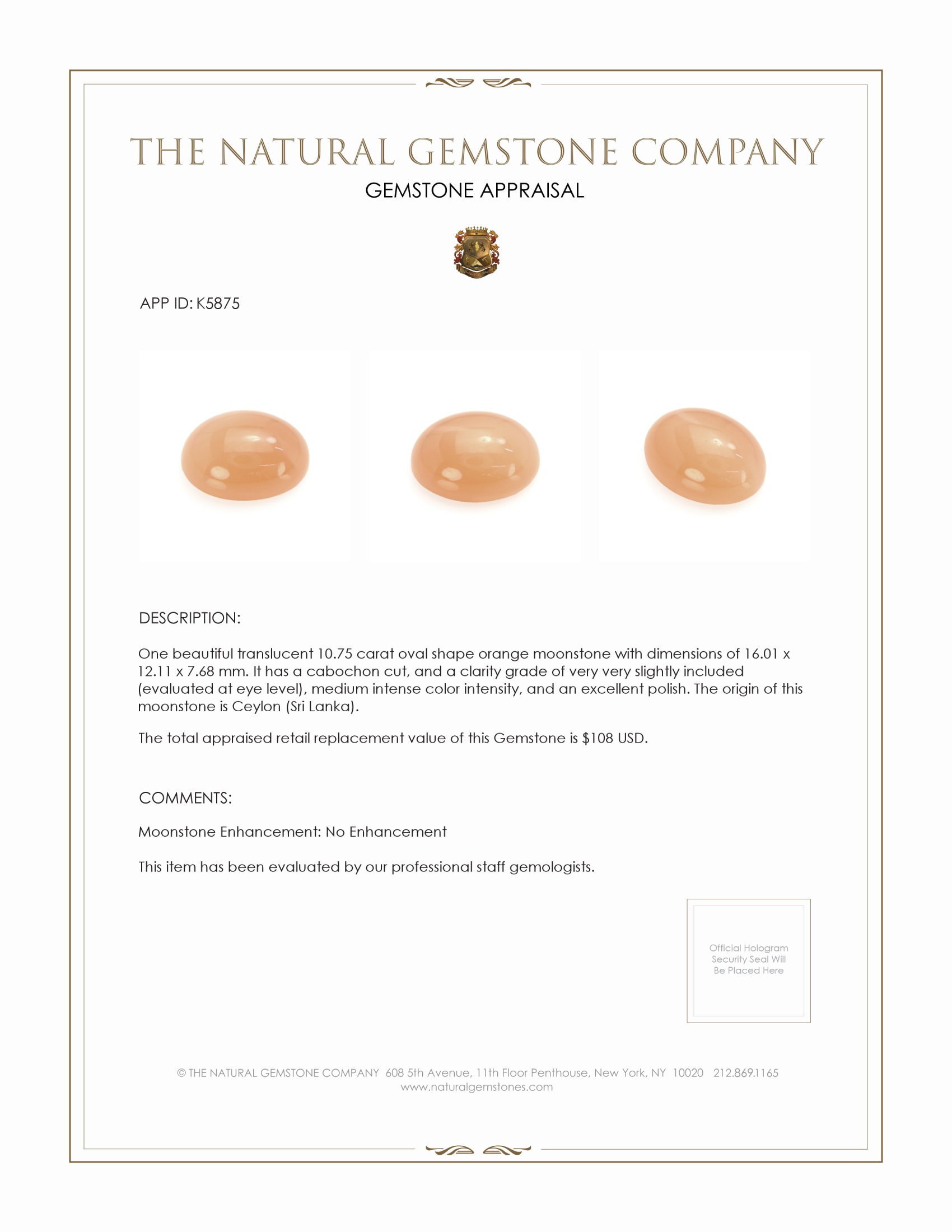 10.75 Ct. Cabochon Moonstone from Ceylon (Sri Lanka)