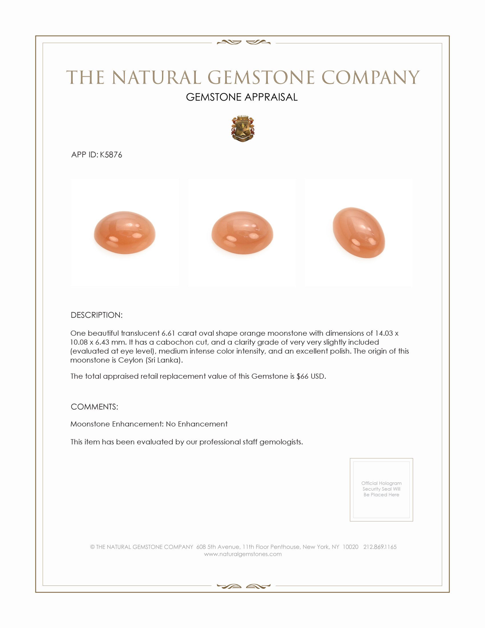 6.61 Ct. Cabochon Moonstone from Ceylon (Sri Lanka)