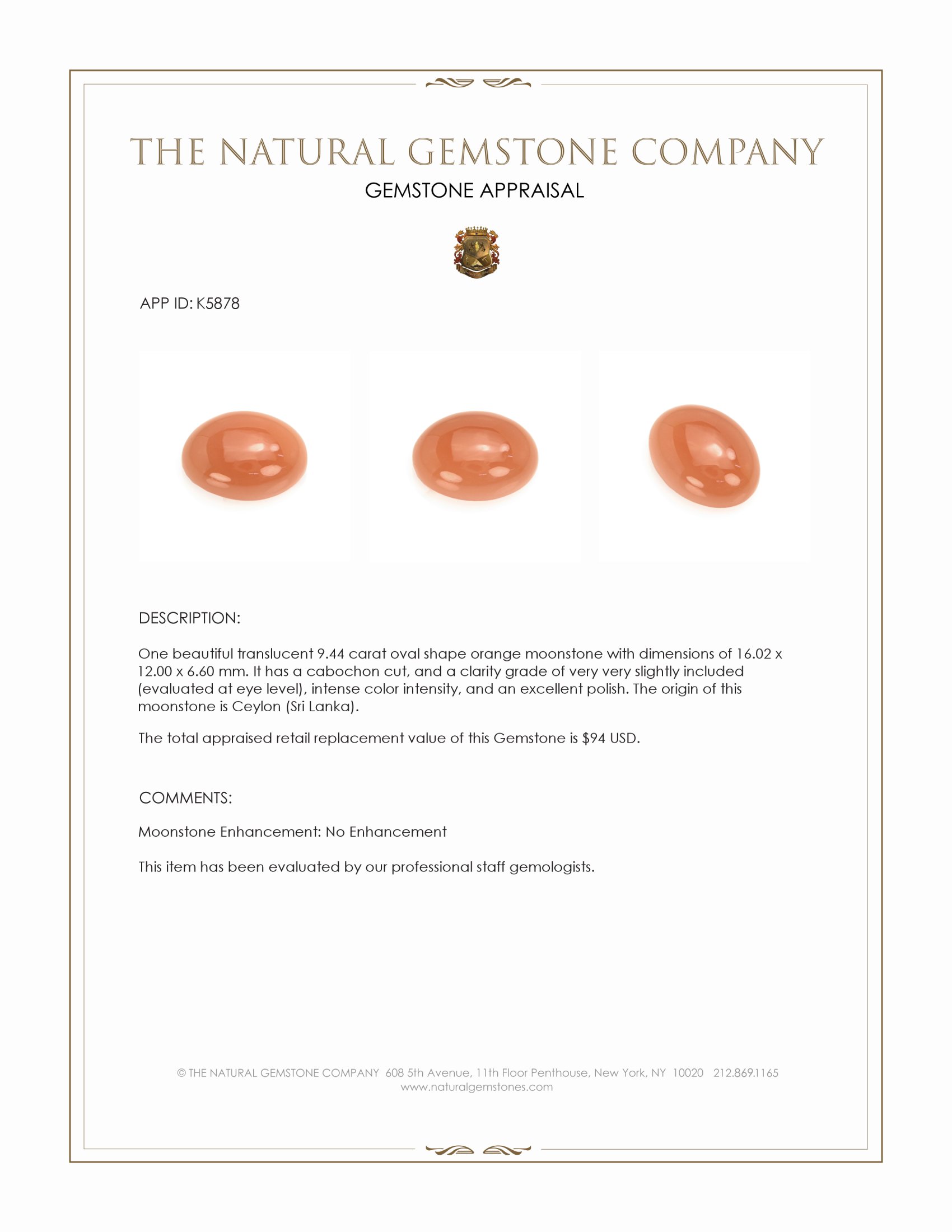 9.44 Ct. Orange Cabochon Moonstone from Ceylon (Sri Lanka)