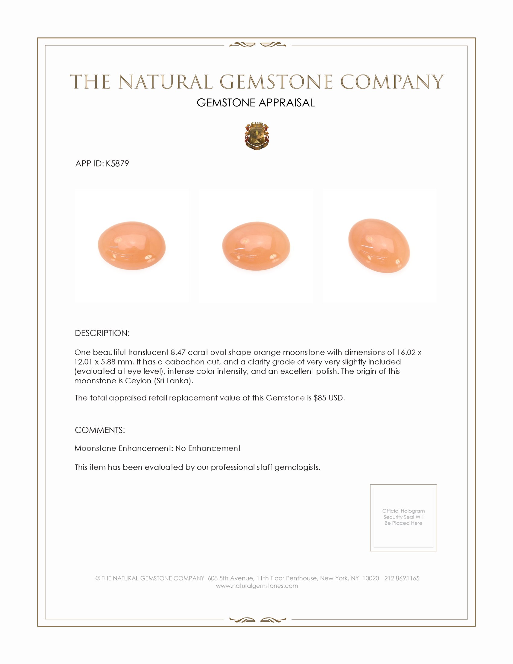 8.47 Ct. Cabochon Moonstone from Ceylon (Sri Lanka)