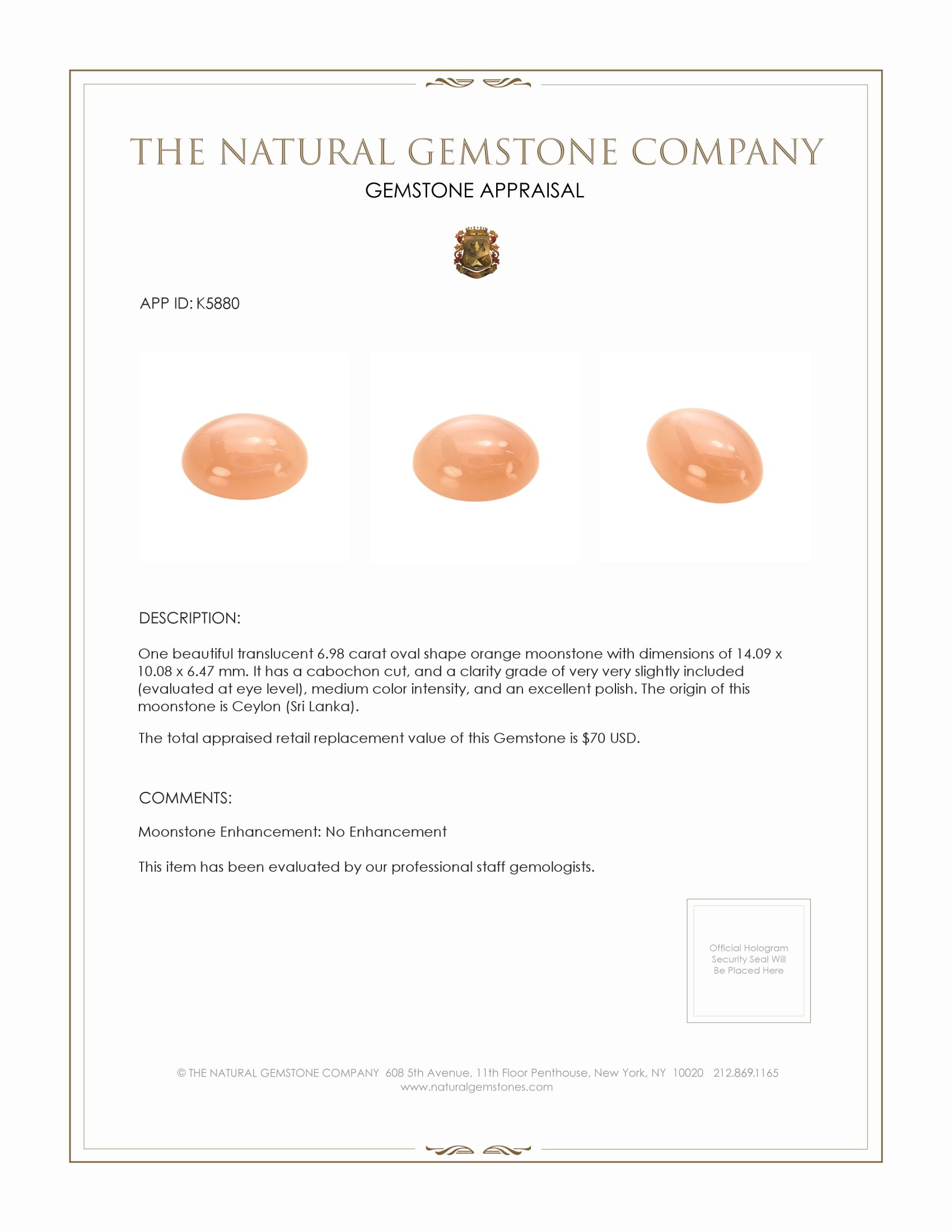 6.98 Ct. Cabochon Moonstone from Ceylon (Sri Lanka)