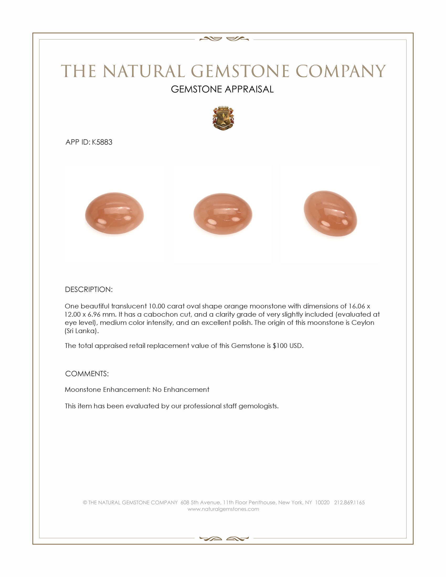 10.00 Ct. Orange Cabochon Moonstone from Ceylon (Sri Lanka)