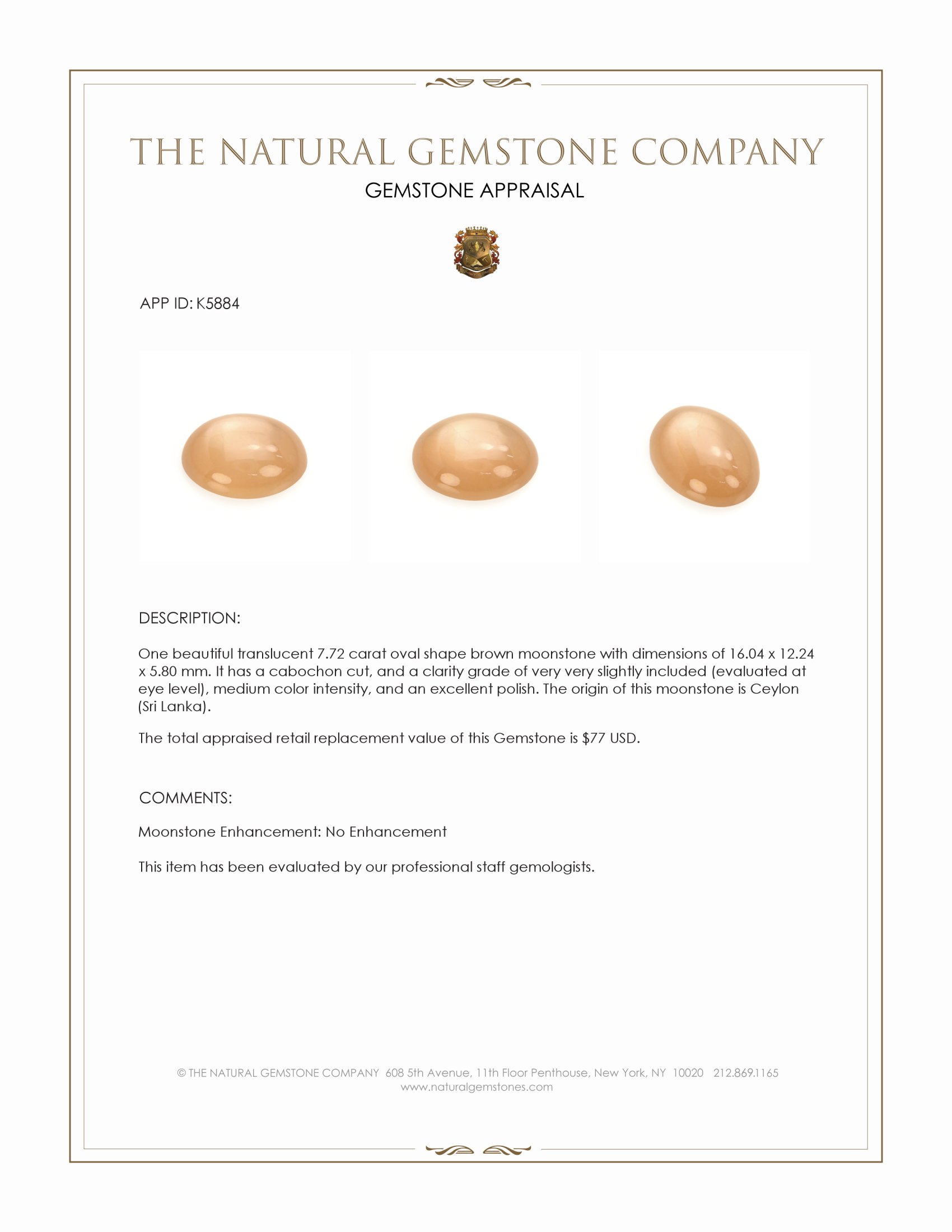 7.72 Ct. Brown Cabochon Moonstone from Ceylon (Sri Lanka)