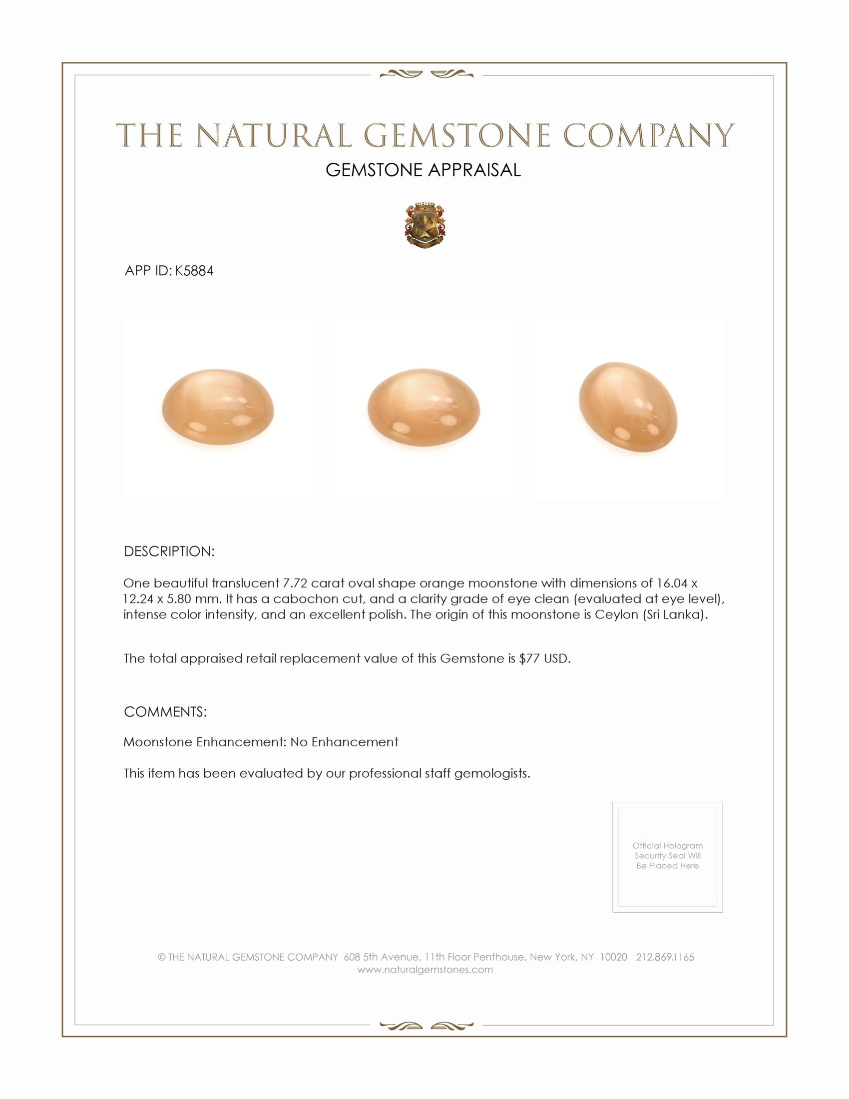 7.72 Ct. Cabochon Moonstone from Ceylon (Sri Lanka)