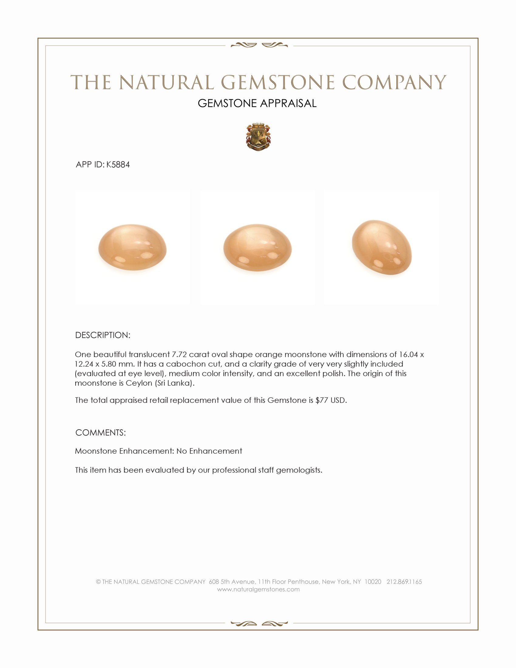 7.72 Ct. Cabochon Moonstone from Ceylon (Sri Lanka)