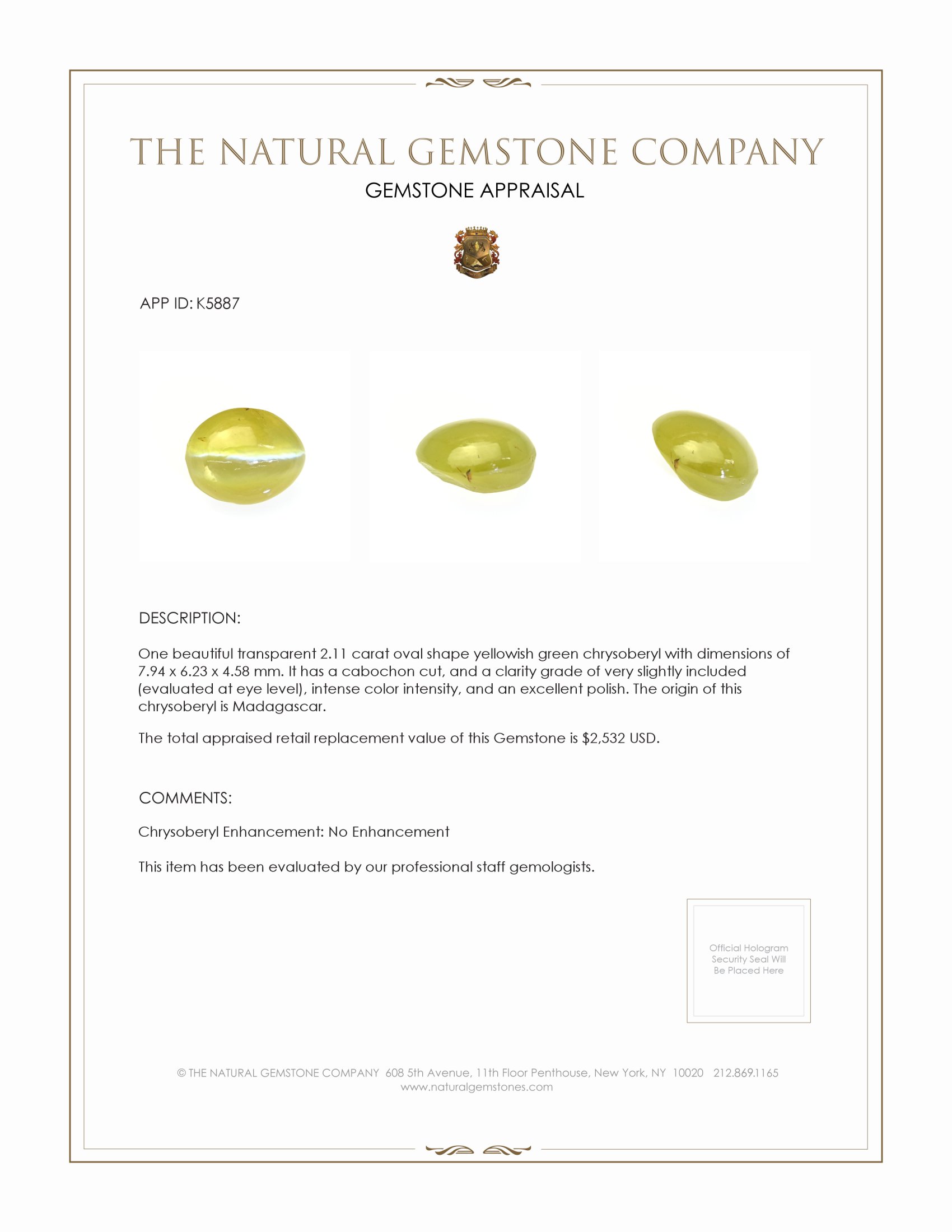 2.11 Ct. Cabochon Chrysoberyl from Madagascar