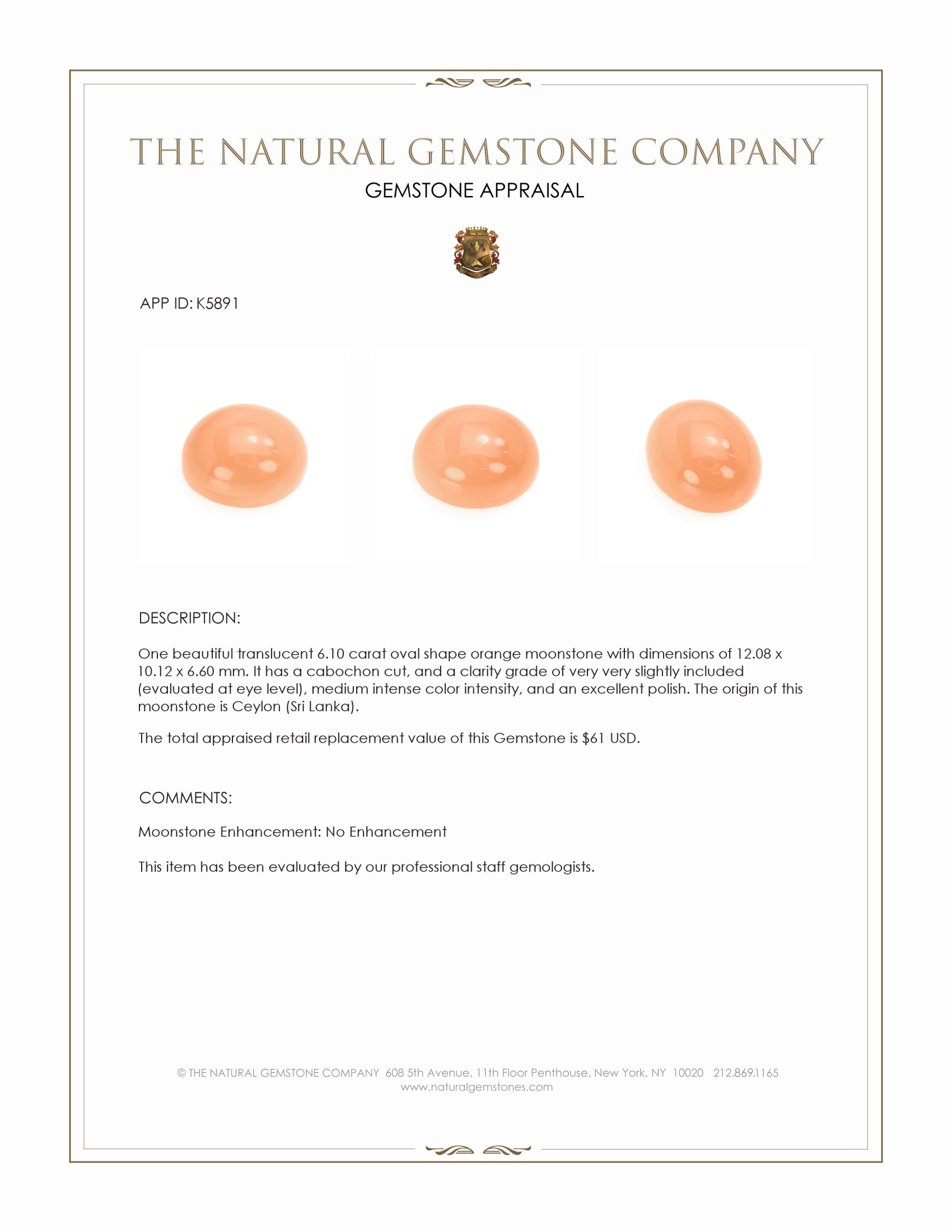 6.10 Ct. Cabochon Moonstone from Ceylon (Sri Lanka)