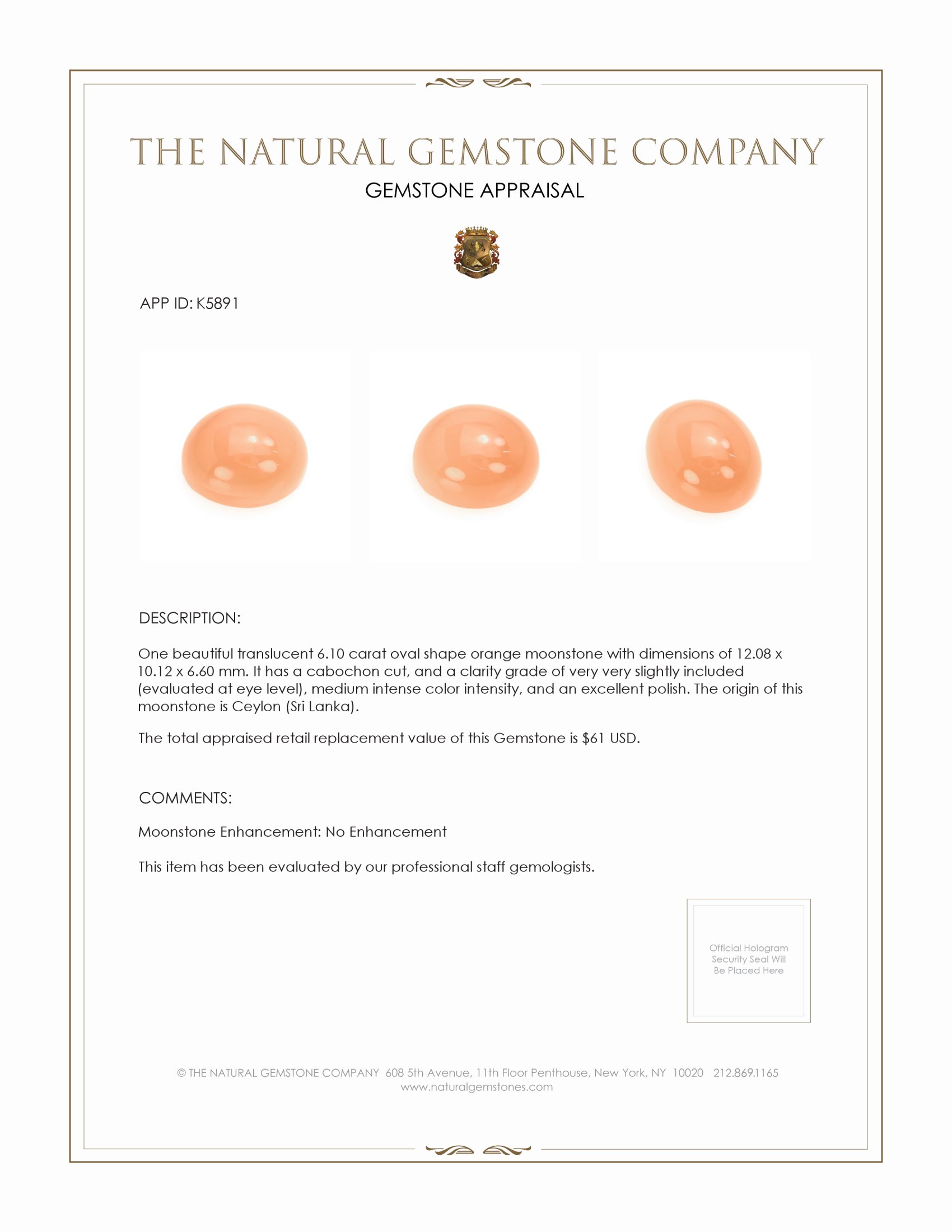 6.10 Ct. Cabochon Moonstone from Ceylon (Sri Lanka)