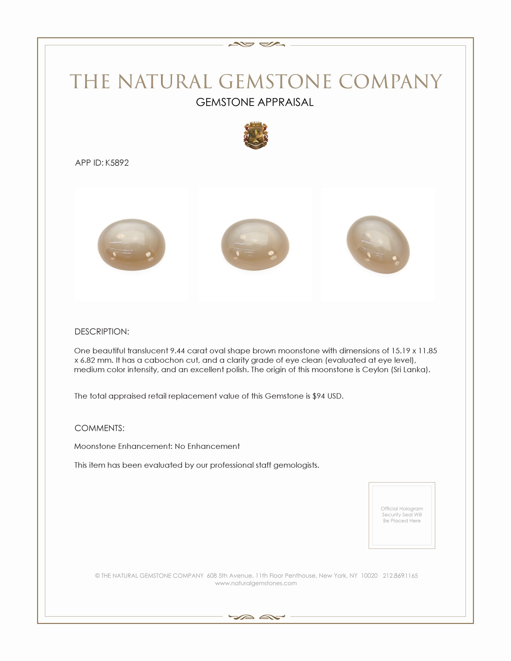 9.44 Ct. Brown Cabochon Moonstone from Ceylon (Sri Lanka)